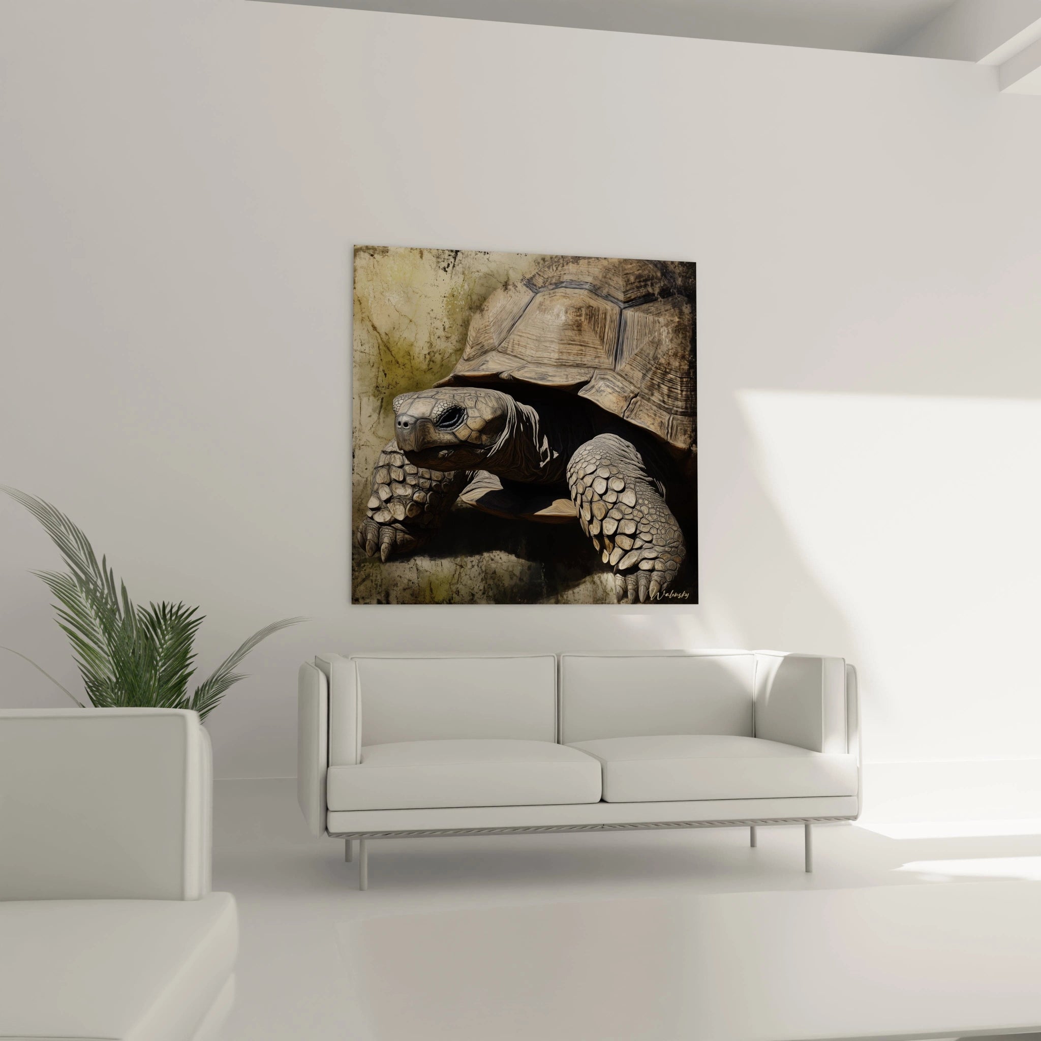 Tableau tortue terrestre Walensky accrochée au mur au-dessus d'un canapé blanc dans un salon moderne