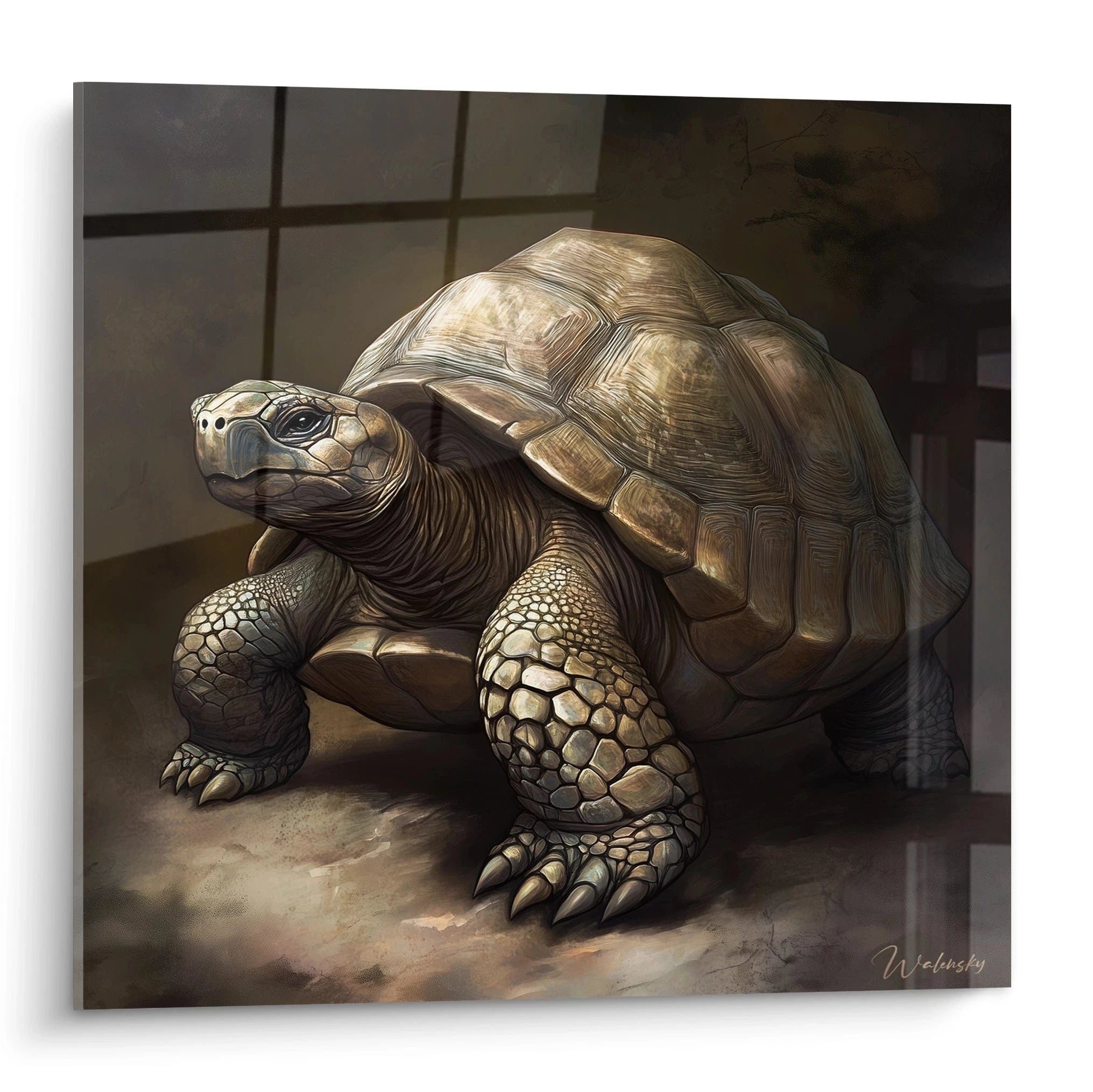 Tableau tortue terrestre réaliste par Walensky avec détails précis et ambiance naturelle