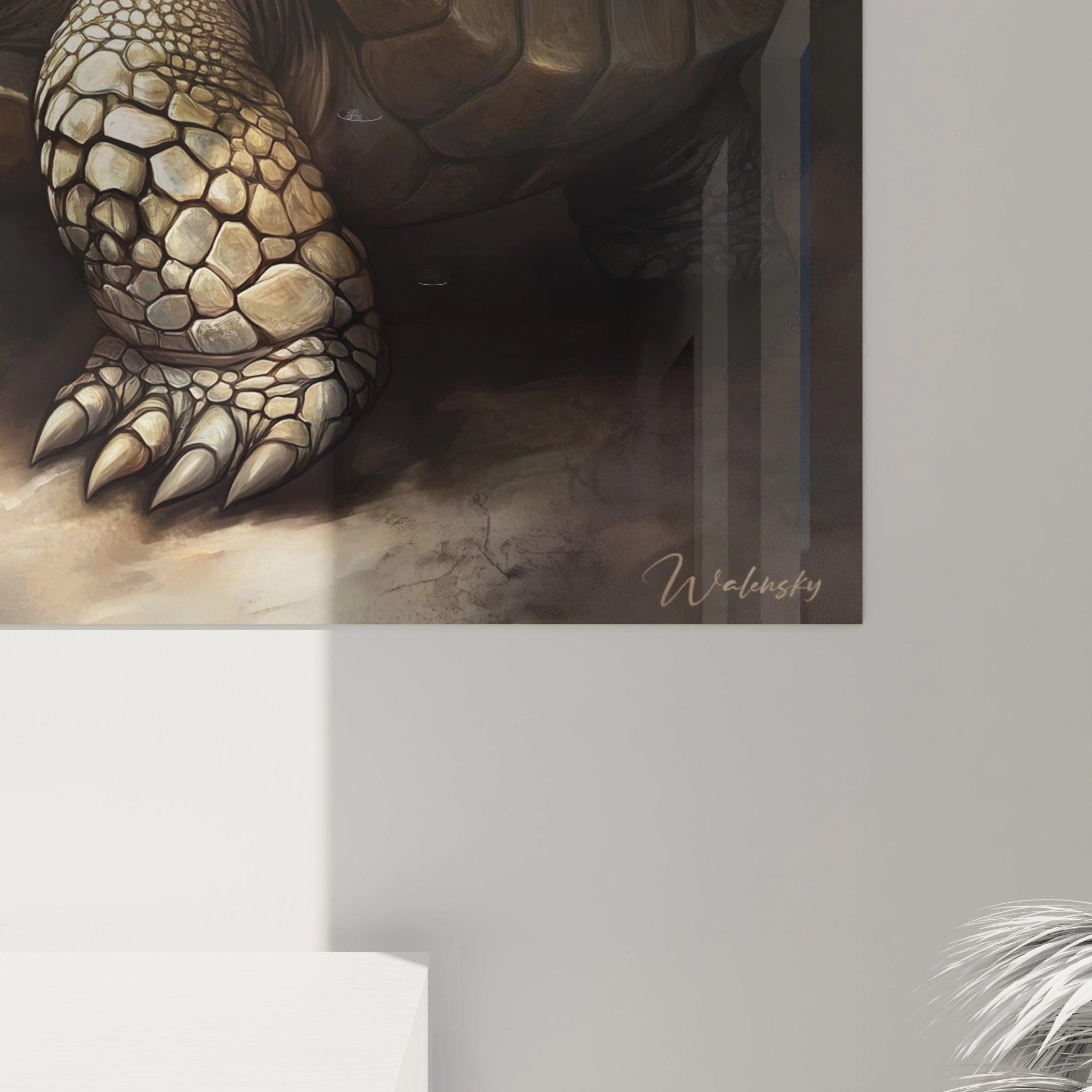 Tableau tortue terrestre signé Walensky avec détail réaliste de la patte et des écailles