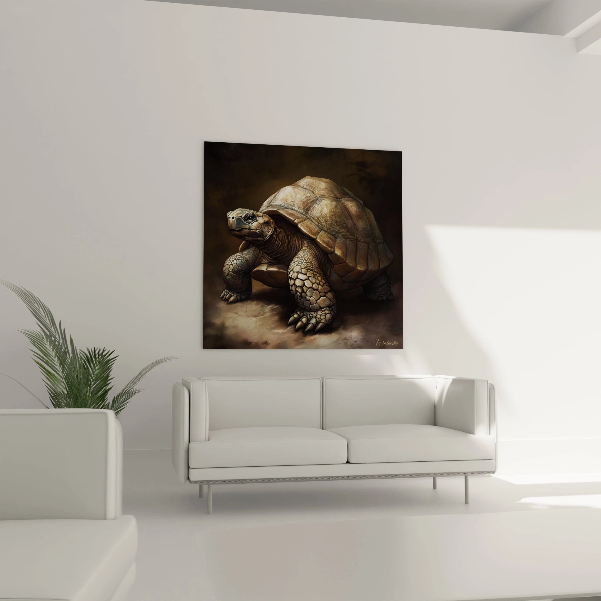 Tableau tortue terrestre Walensky accroché dans un salon minimaliste avec canapé blanc