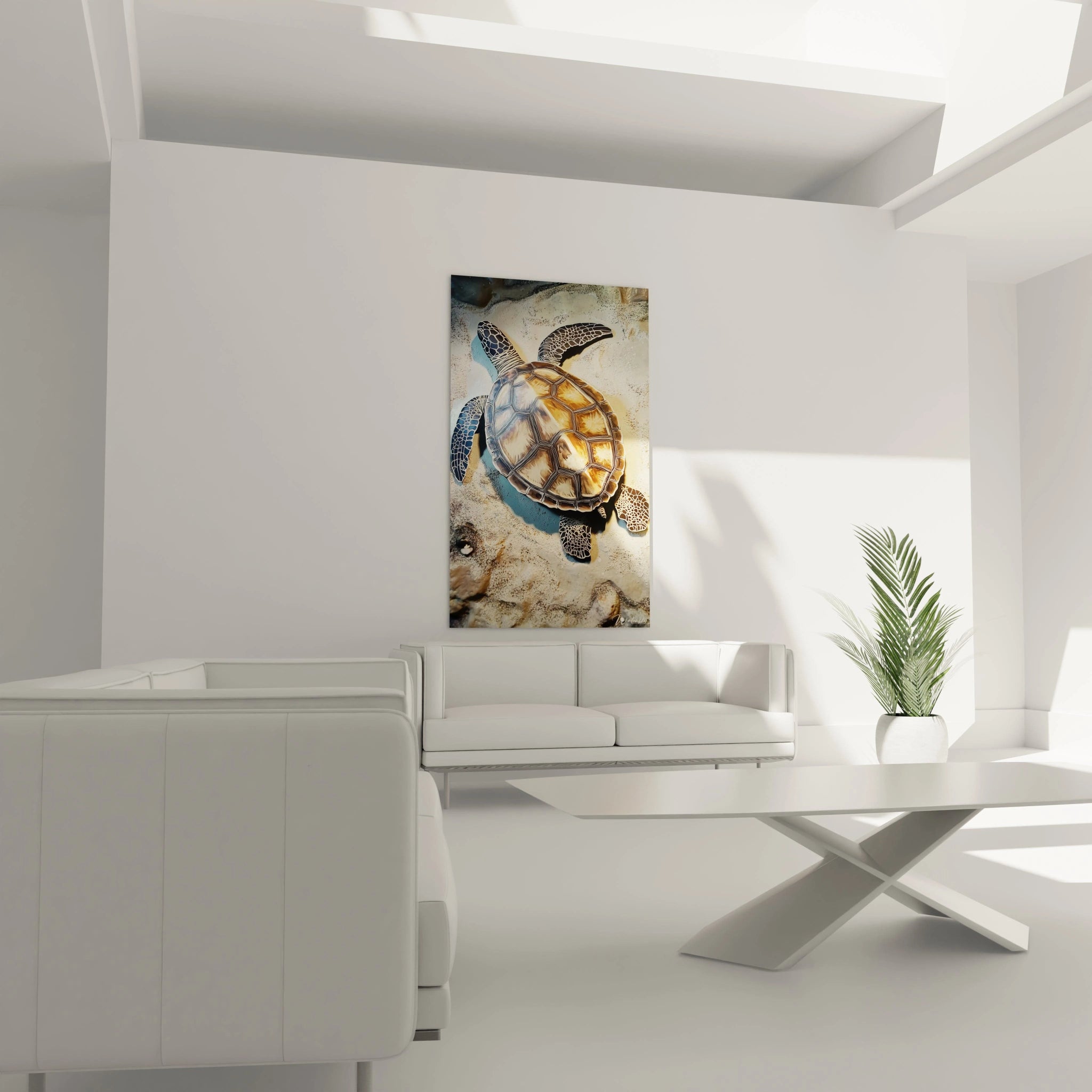 Tableau tortue de mer Walensky accroché au mur dans un salon moderne et lumineux