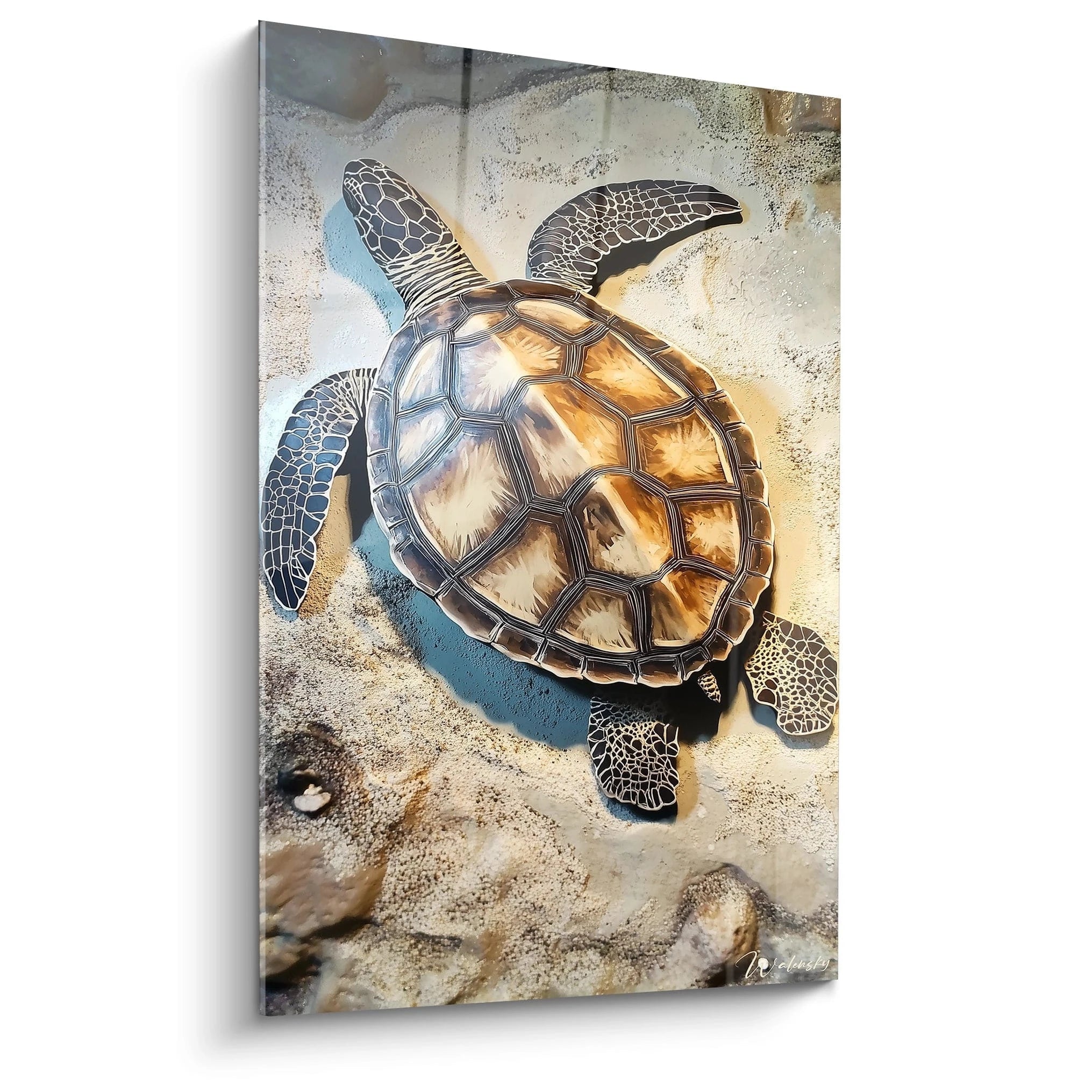 Tableau tortue de mer Walensky en relief avec couleurs naturelles sur fond sable