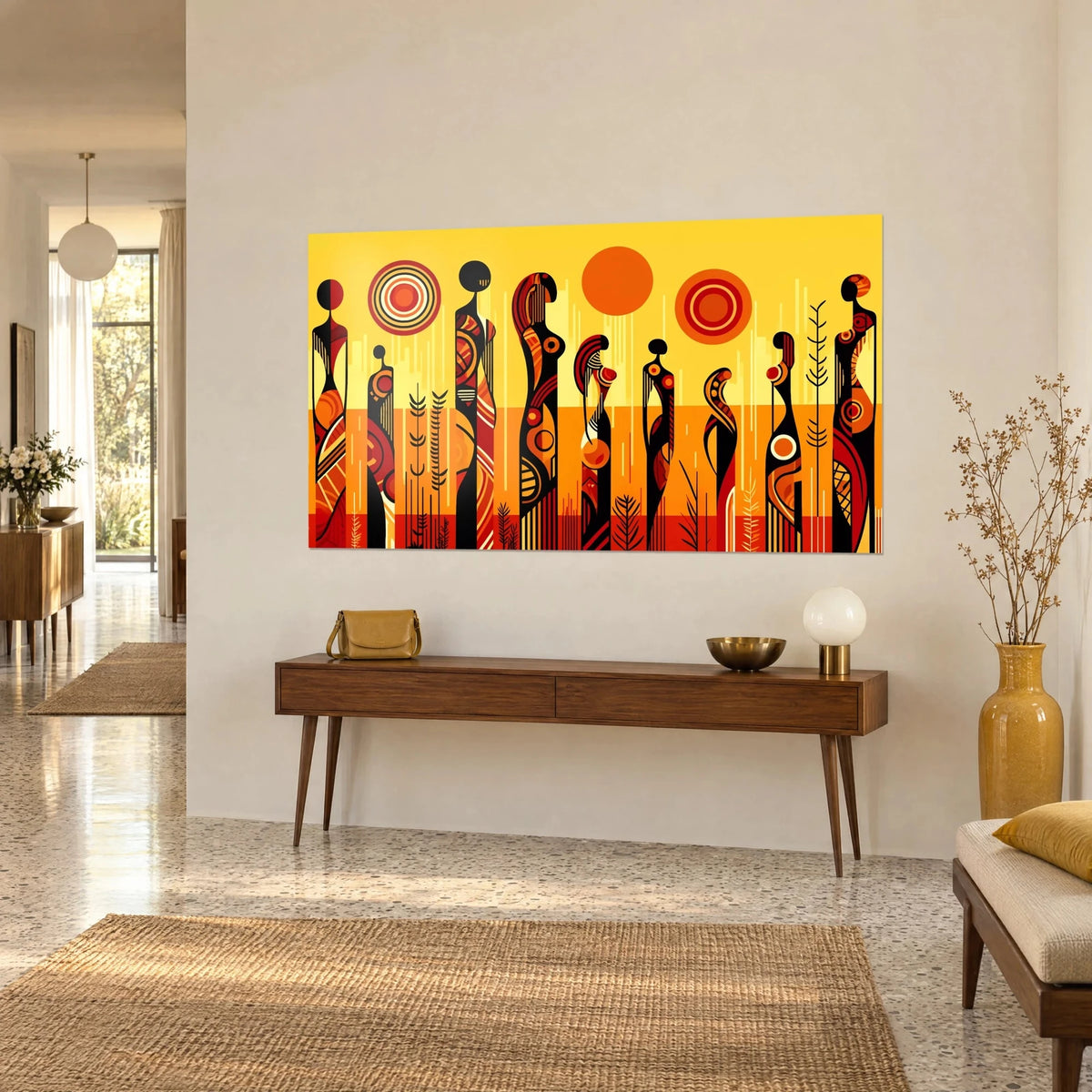Wall art with slender totems in red and black patterns, two concentric orange suns on a yellow background, wooden console and vase