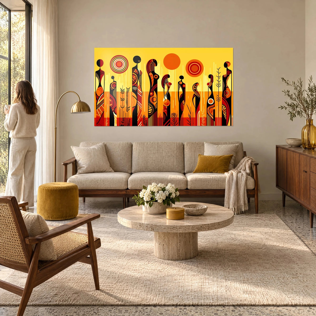 Wall art with stylized African silhouettes in red and black under an orange sun, above a sofa in a bright living room