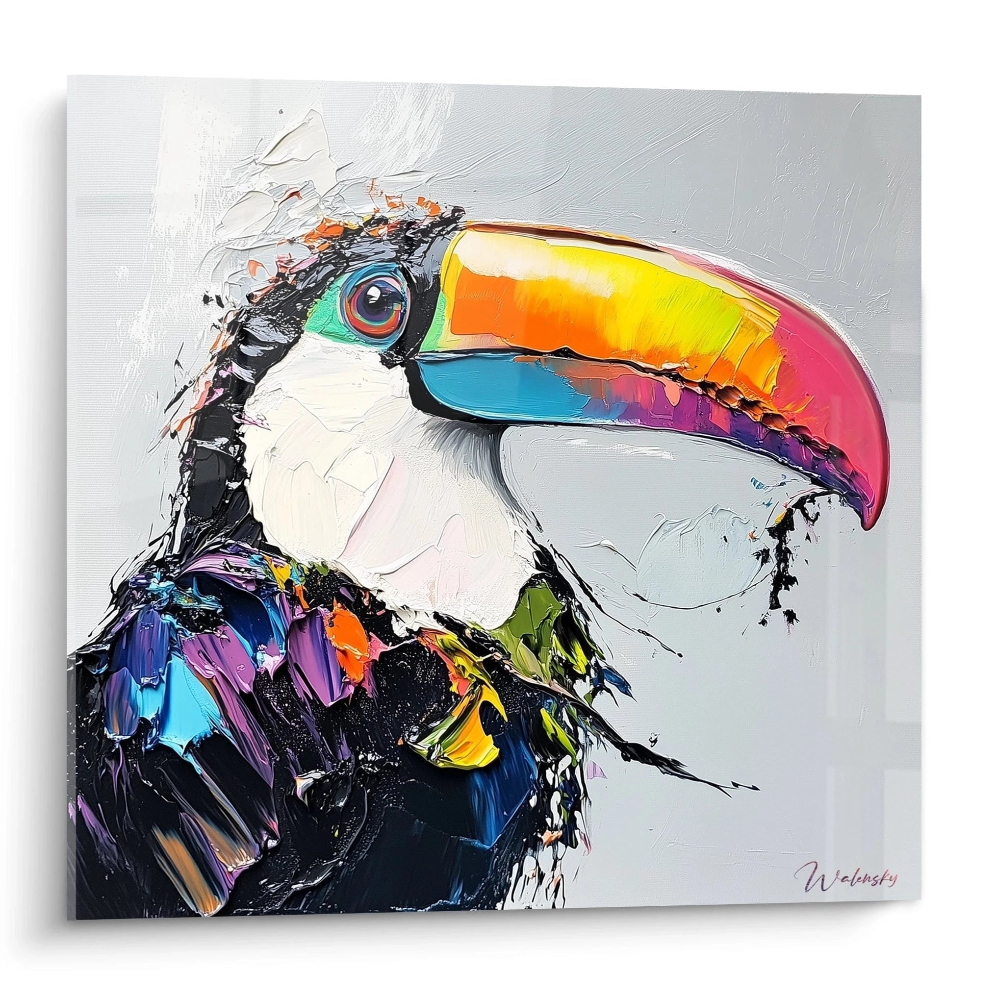 Tableau toucan coloré par Walensky avec un bec multicolore et un fond gris moderne