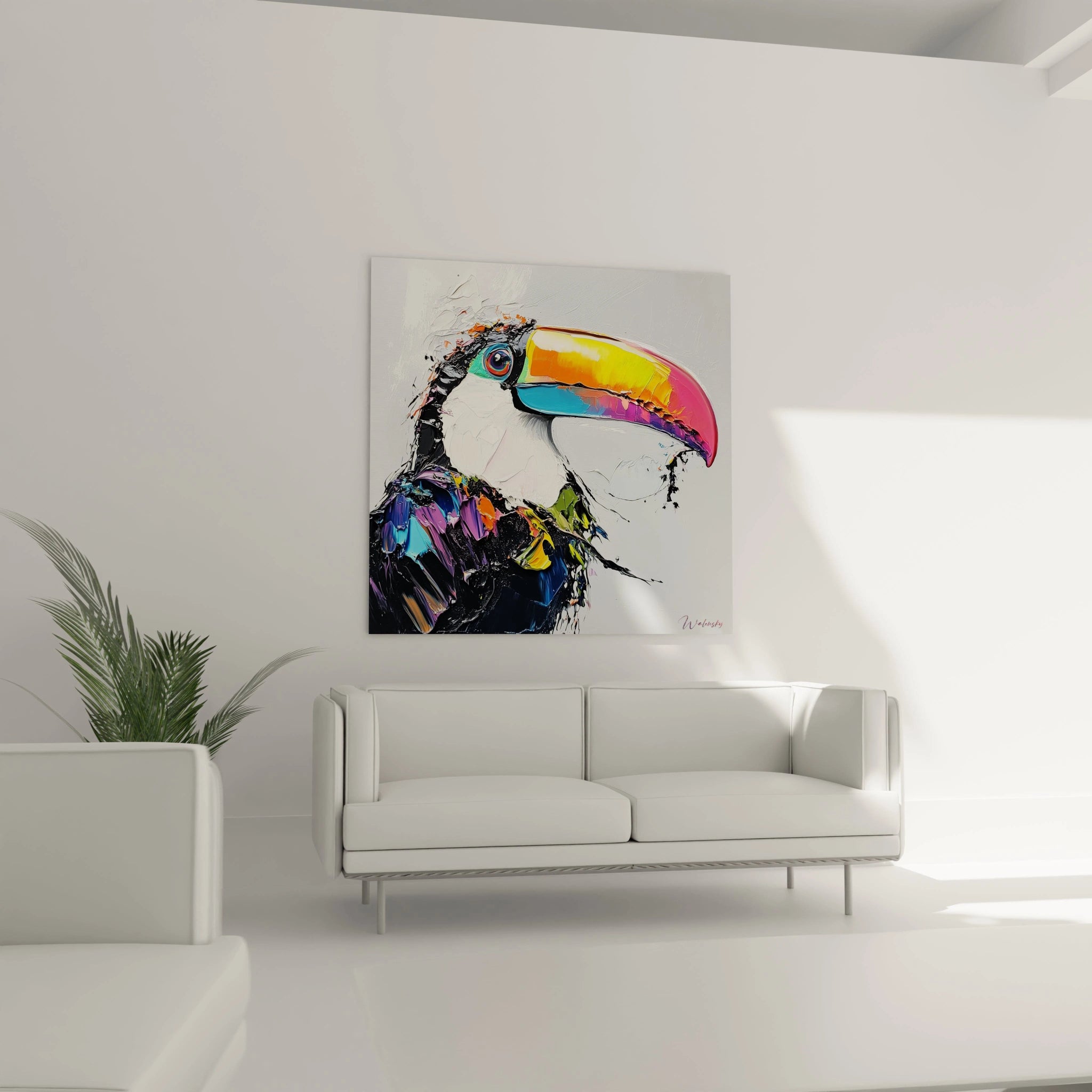 Tableau toucan coloré Walensky accroché au-dessus d'un canapé blanc moderne dans un salon minimaliste