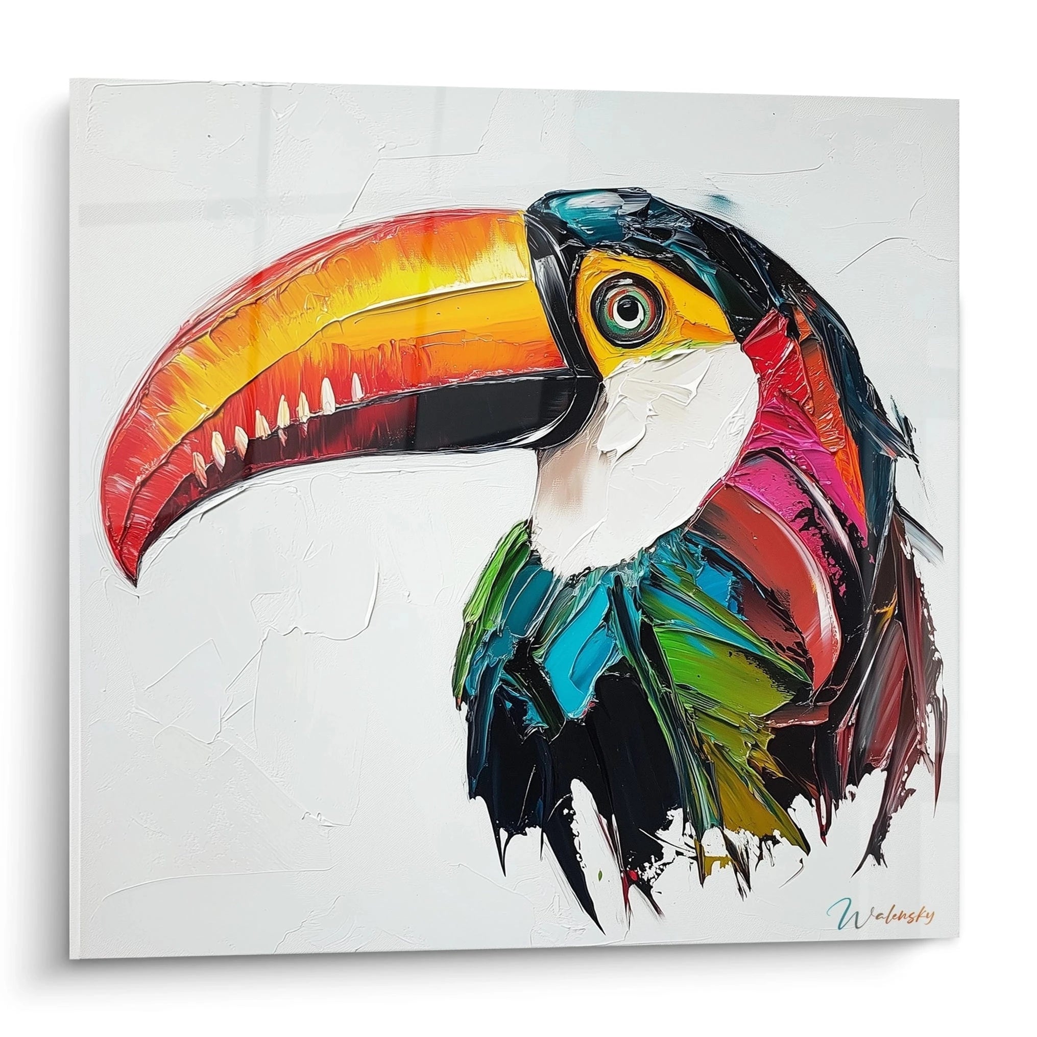 Tableau toucan coloré signé Walensky avec des coups de pinceau texturés sur fond blanc