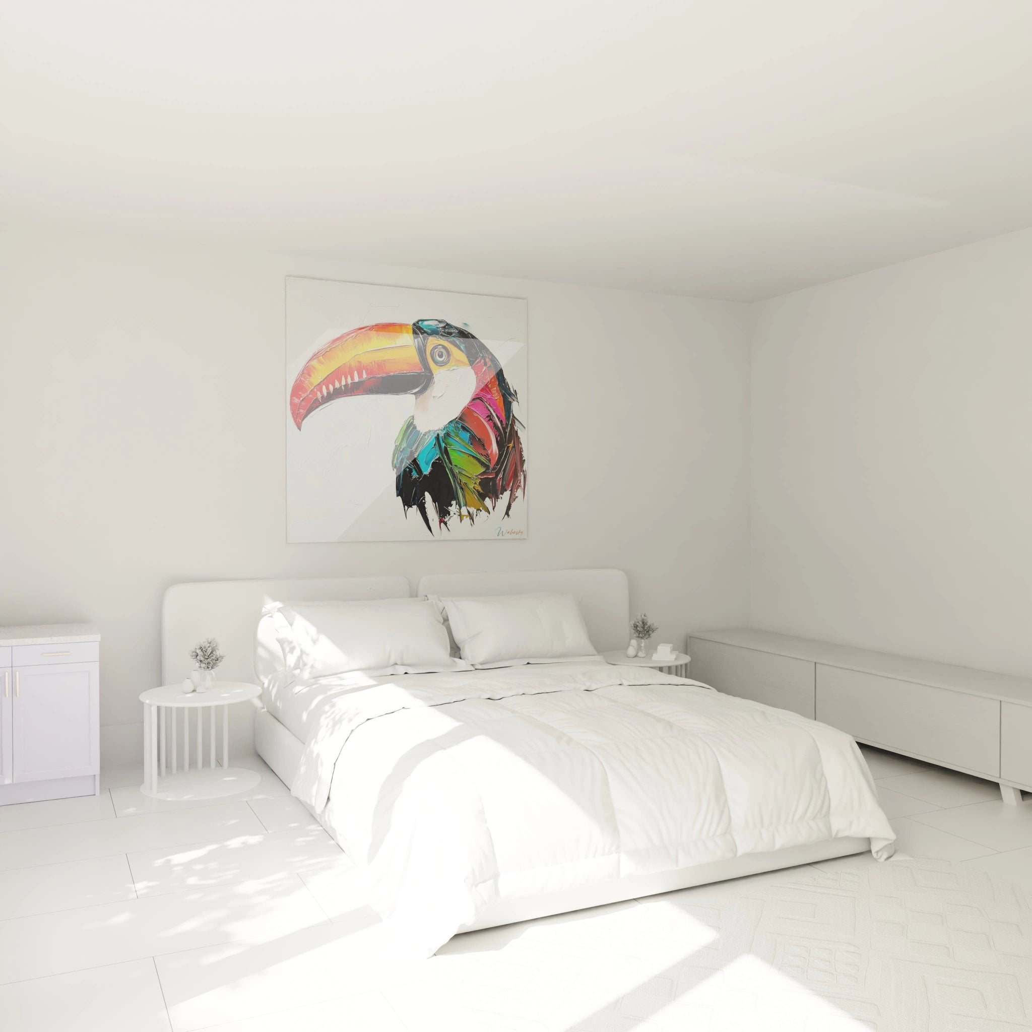 Tableau toucan coloré de Walensky décorant une chambre minimaliste avec lit blanc et meubles assortis