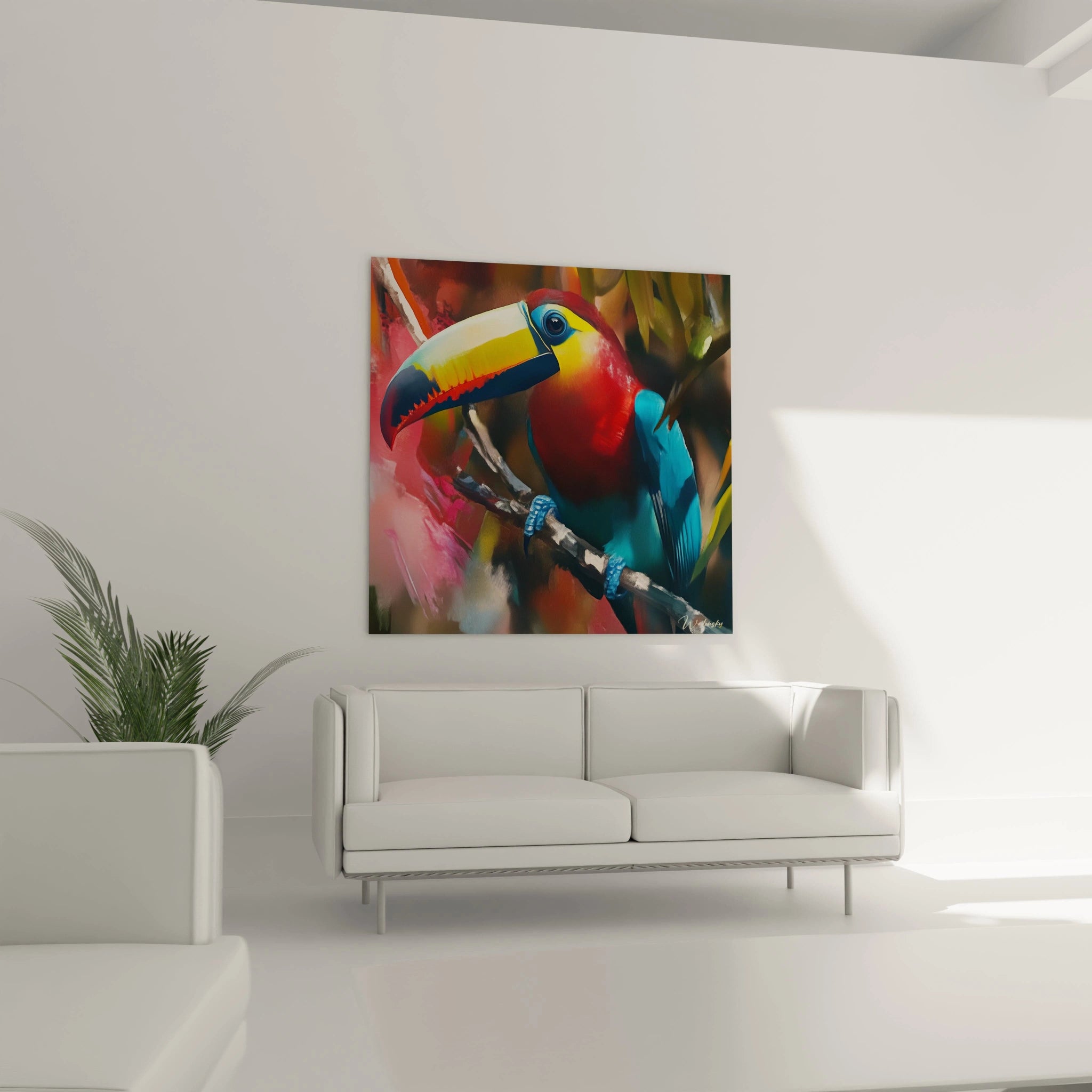 Tableau toucan coloré Walensky accroché au mur dans un salon moderne avec canapé blanc
