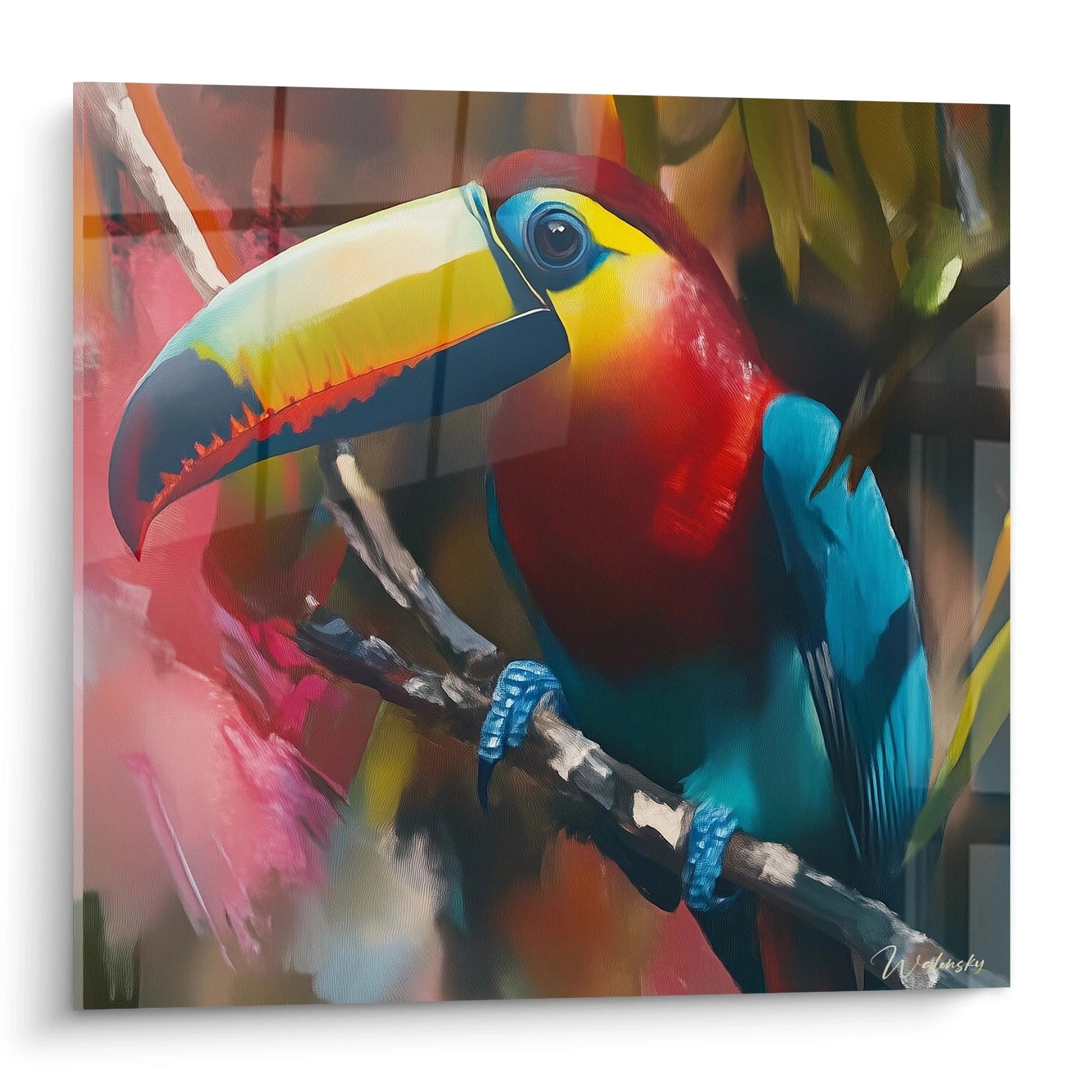 Tableau toucan coloré sur branche avec fond flou, décoration murale Walensky