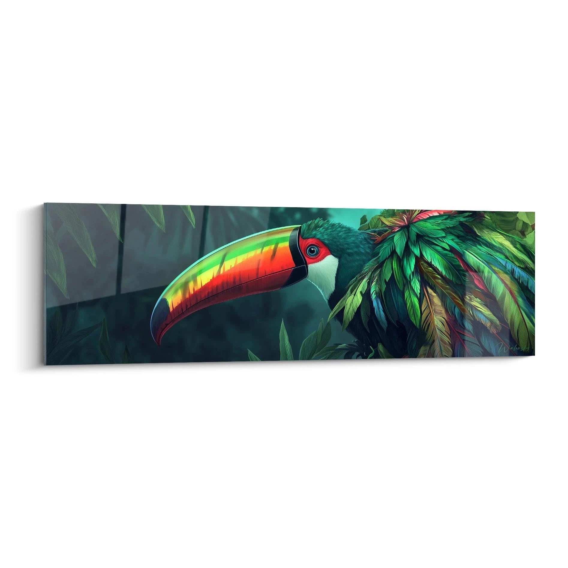 Tableau toucan coloré Walensky avec plumage vert et bec orange vif sur fond tropical