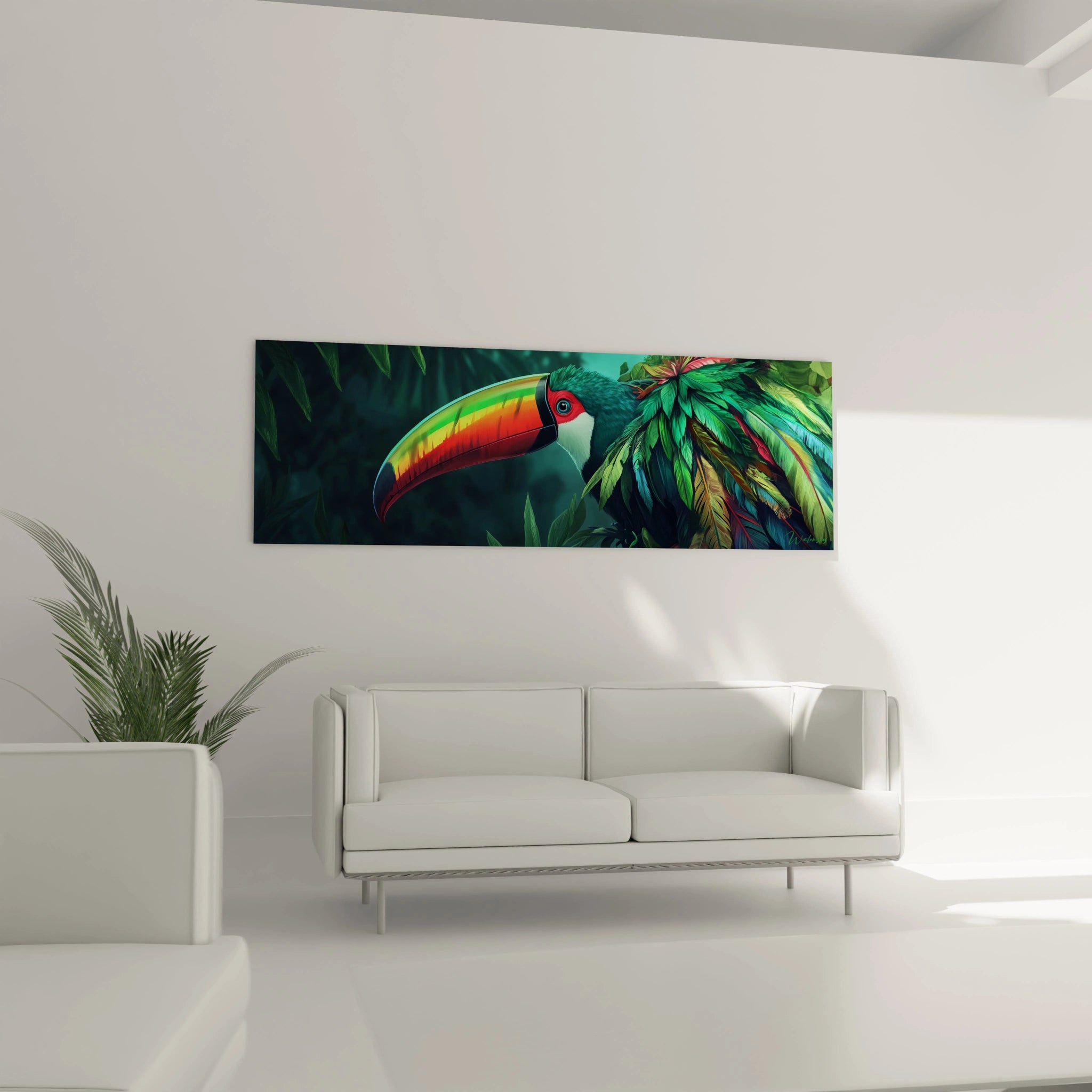 Tableau toucan coloré Walensky accroché au mur au-dessus d'un canapé blanc dans un salon moderne