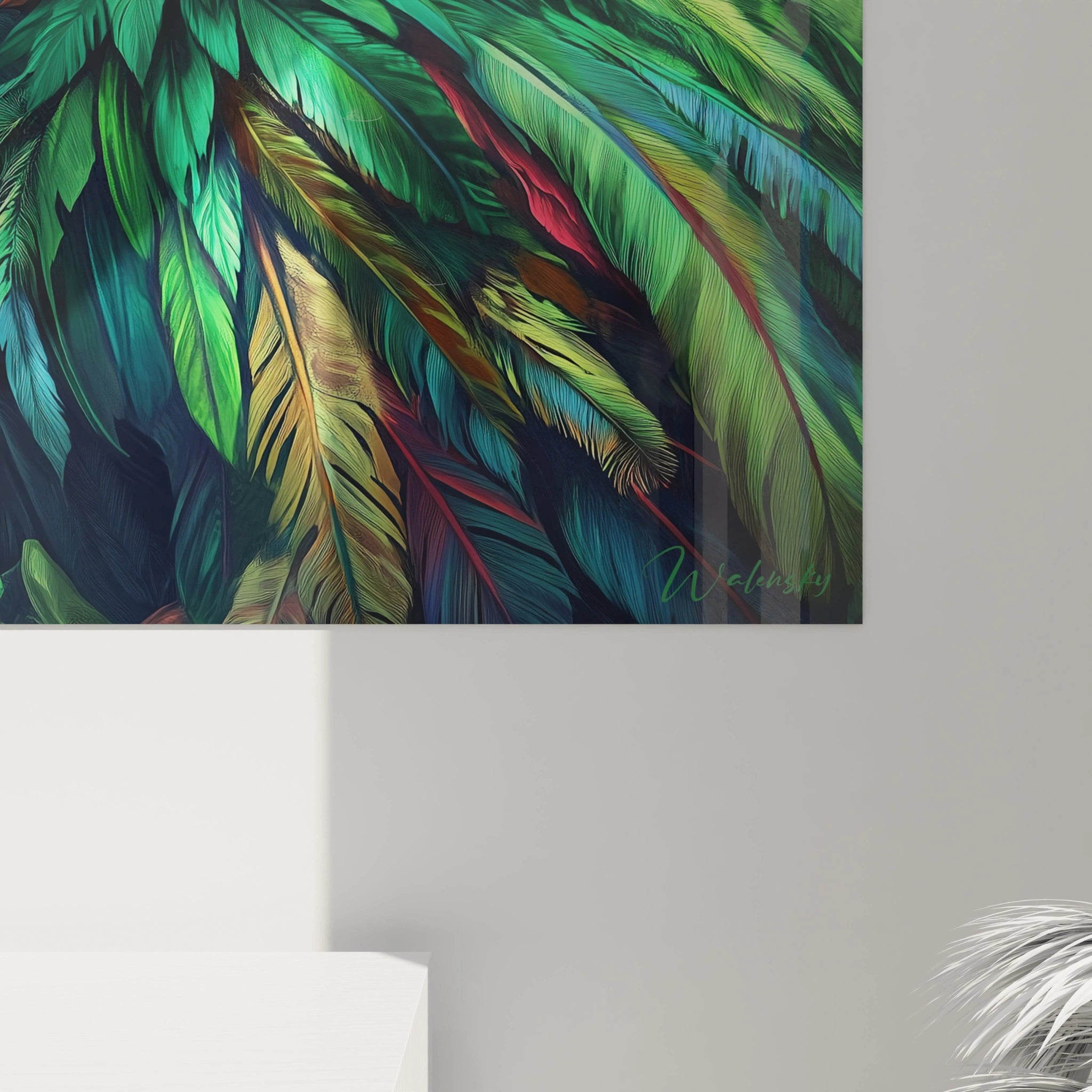 Tableau toucan Walensky avec plumes colorées vertes et jaunes pour décoration murale moderne