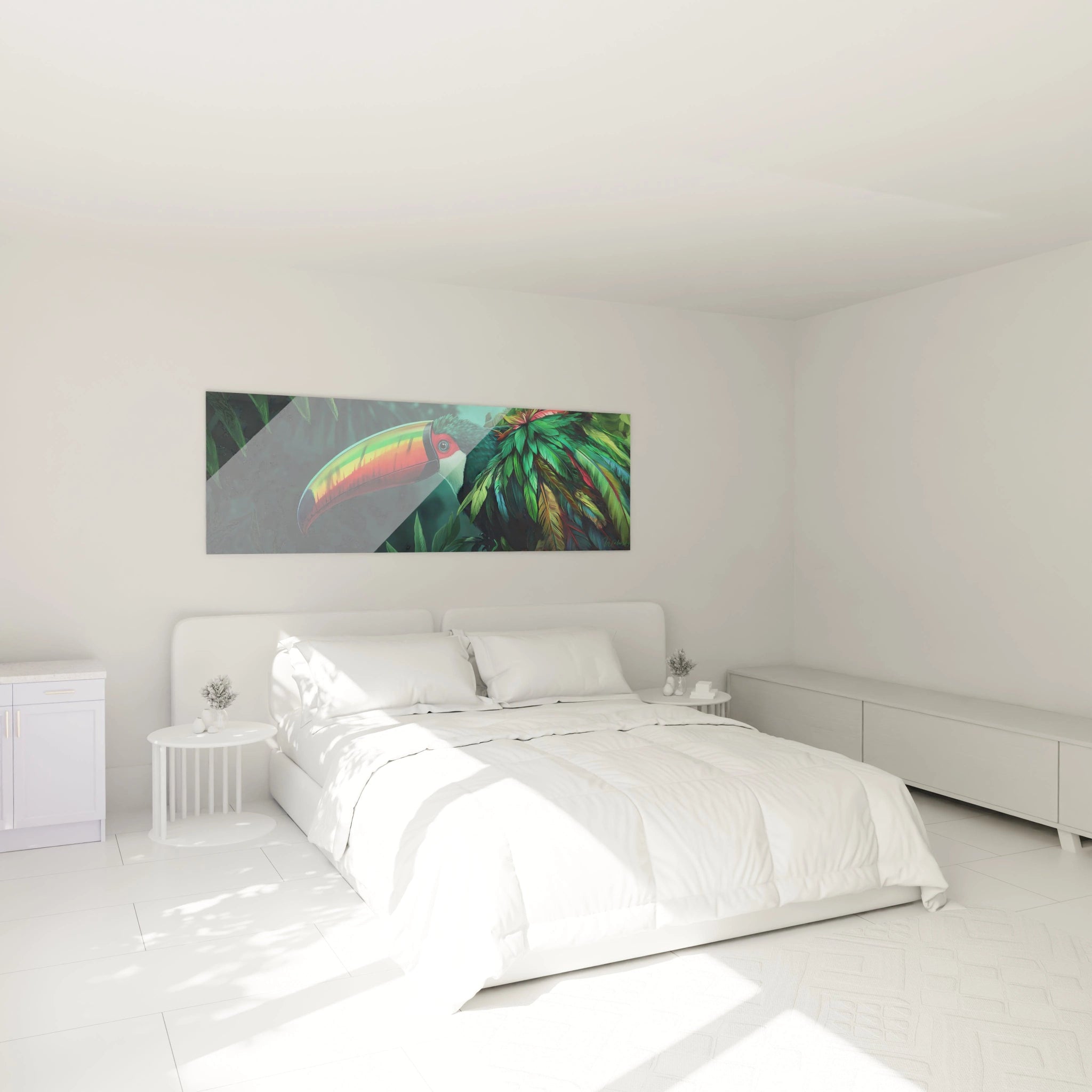 Tableau toucan coloré Walensky accroché au-dessus d'un lit blanc dans une chambre lumineuse et minimaliste