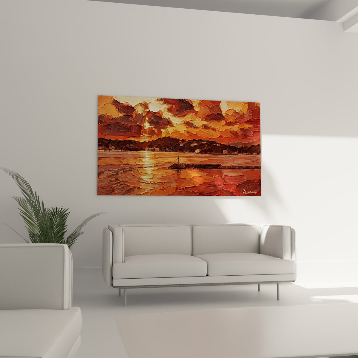 Phare et collines de Toulon sous un ciel orange et ocre, au-dessus d'un canapé dans un salon lumineux