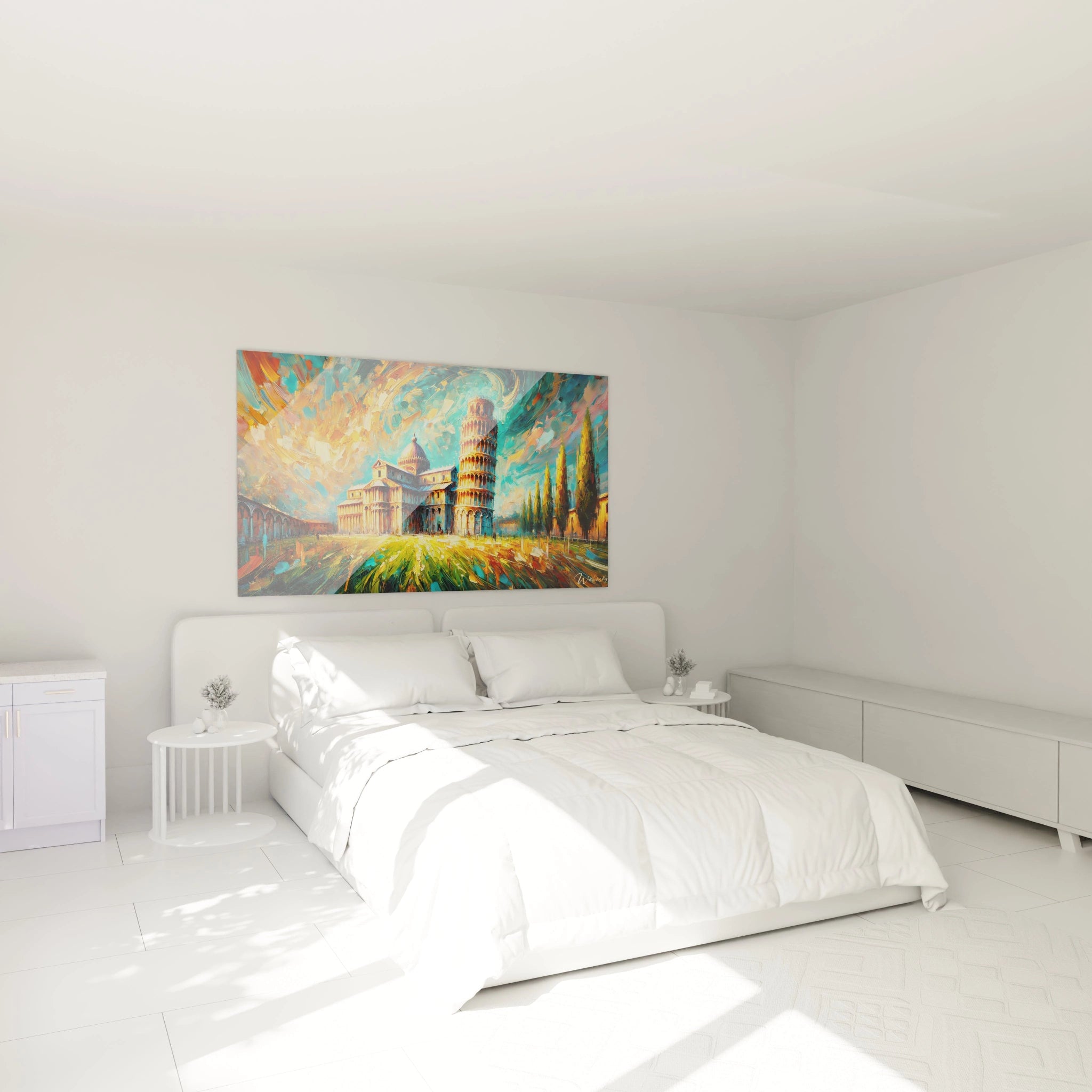 tableau tour de pise dans une chambre au dessus du lit ciel vibrant tons bleus jaunes oranges atmosphère chaleureuse dynamisme des coups de pinceau incitant au reve et a la serenite toscane