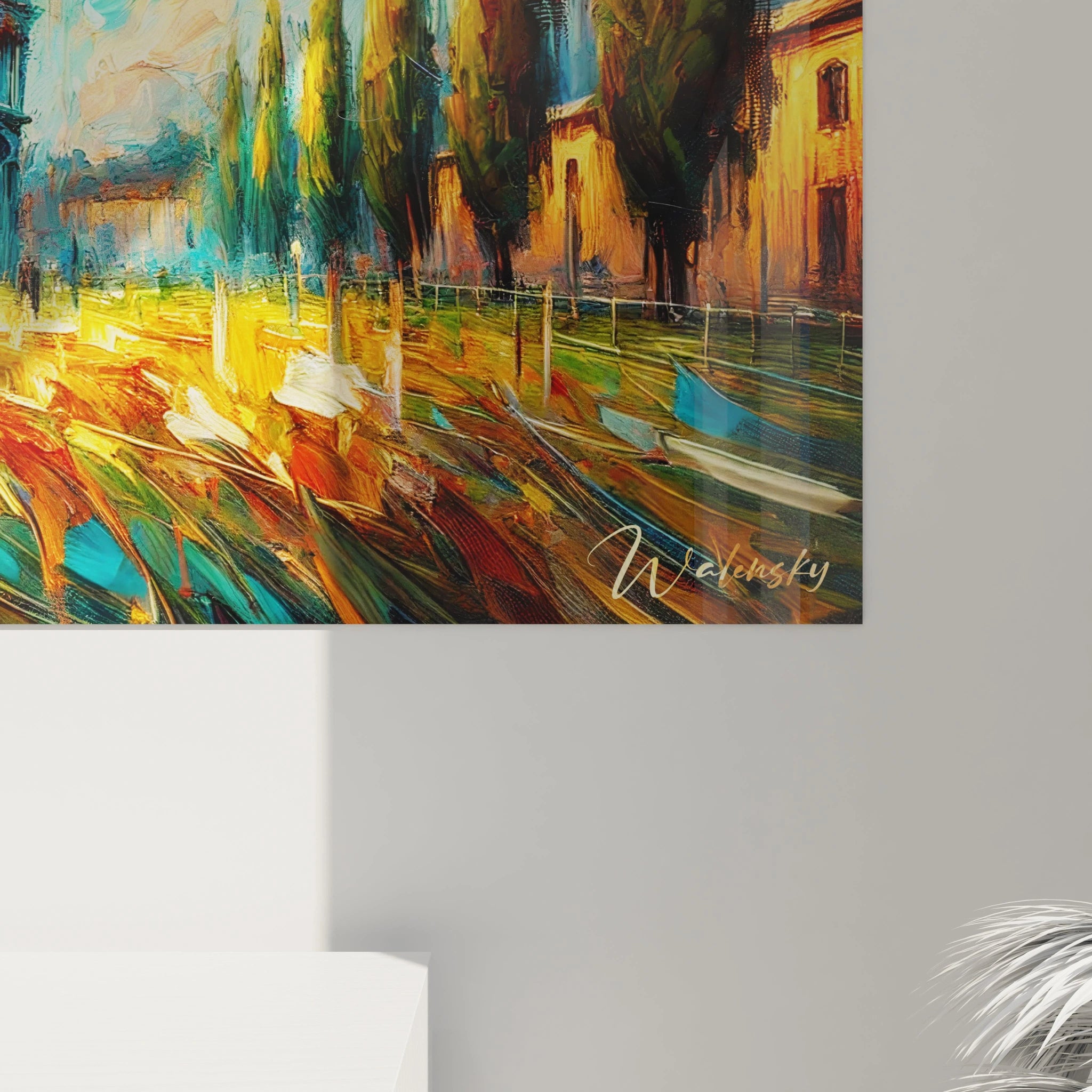 vue de pres du tableau tour de pise details saisissants textures dynamiques lumiere dansante teintes bleu jaune orange rappelant la Toscane pierres dorees energie et profondeur captivante