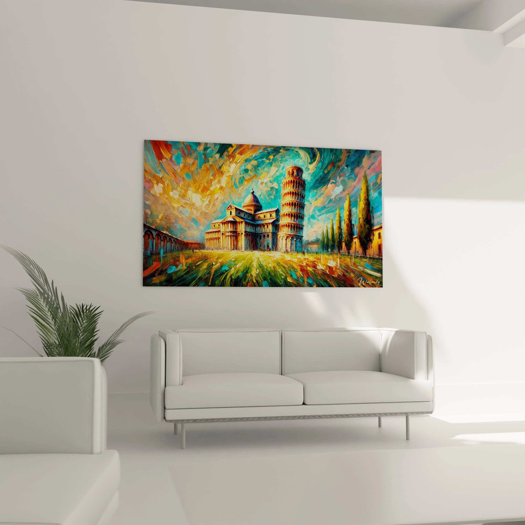 tableau tour de pise dans un salon au dessus d un canapé ciel en mouvement tons solaires jaune orange lumiere italienne pierres chaudes effet immersif parfait pour sublimer un espace convivial