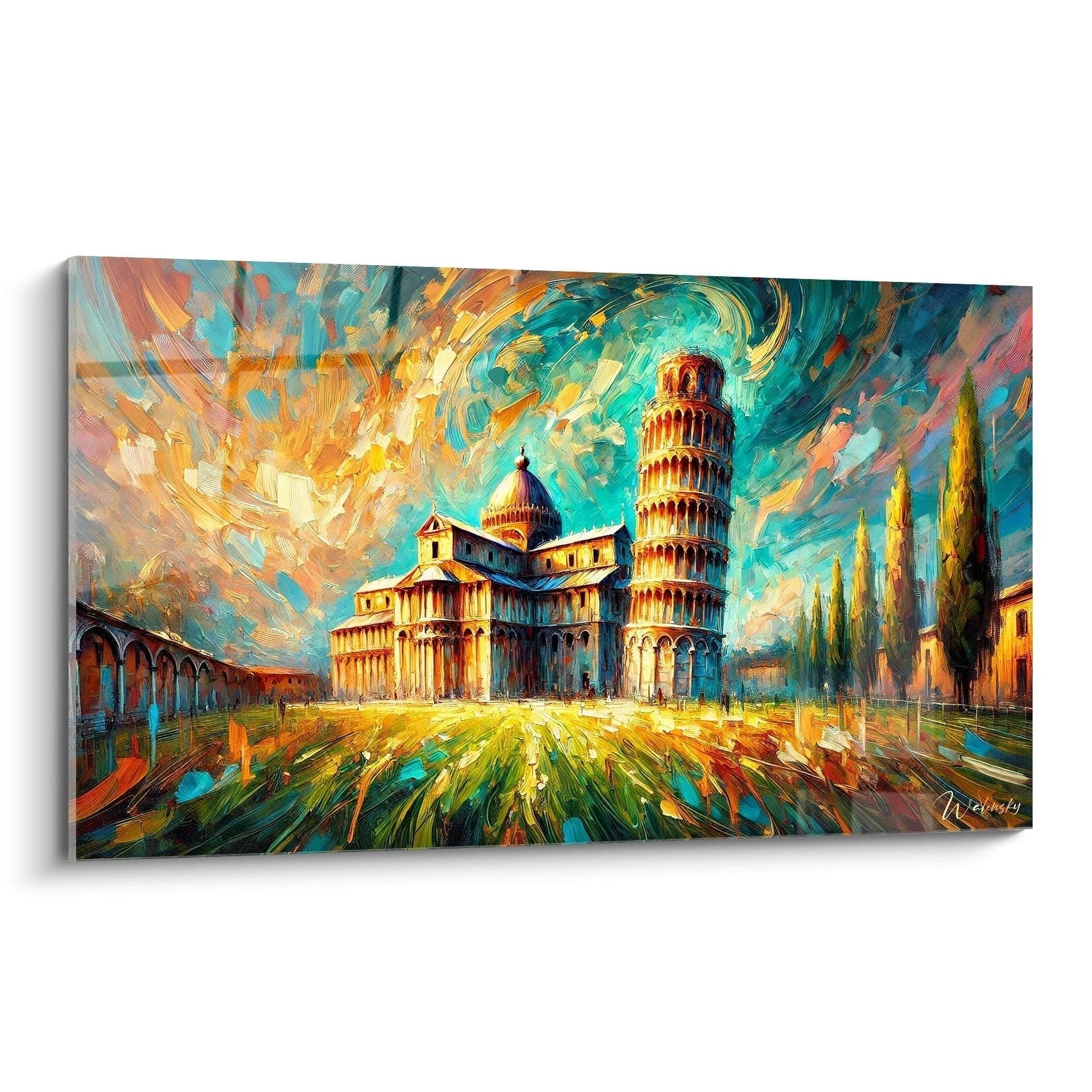 tableau tour de pise vu de biais lumiere chaude couleurs bleues jaunes et oranges textures dynamiques ciel tourbillonnant pierres dorees ambiance vibrante comme un voyage en Toscane