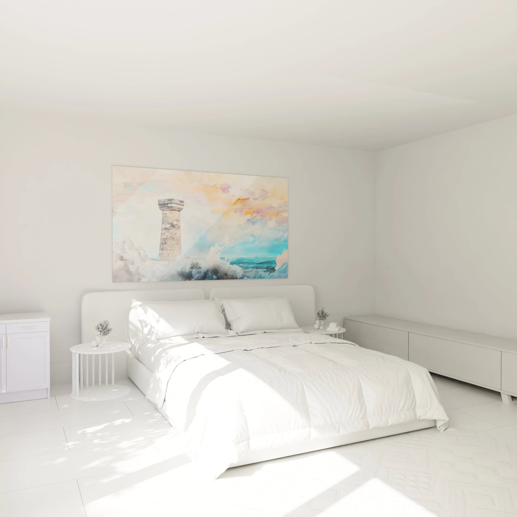 Un tableau maritime montrant un phare ancien construit en pierres grises, entouré d'écume blanche, se dressant au milieu d'une mer agitée aux teintes turquoise, sous un ciel aux couleurs pastel orangées et bleues.