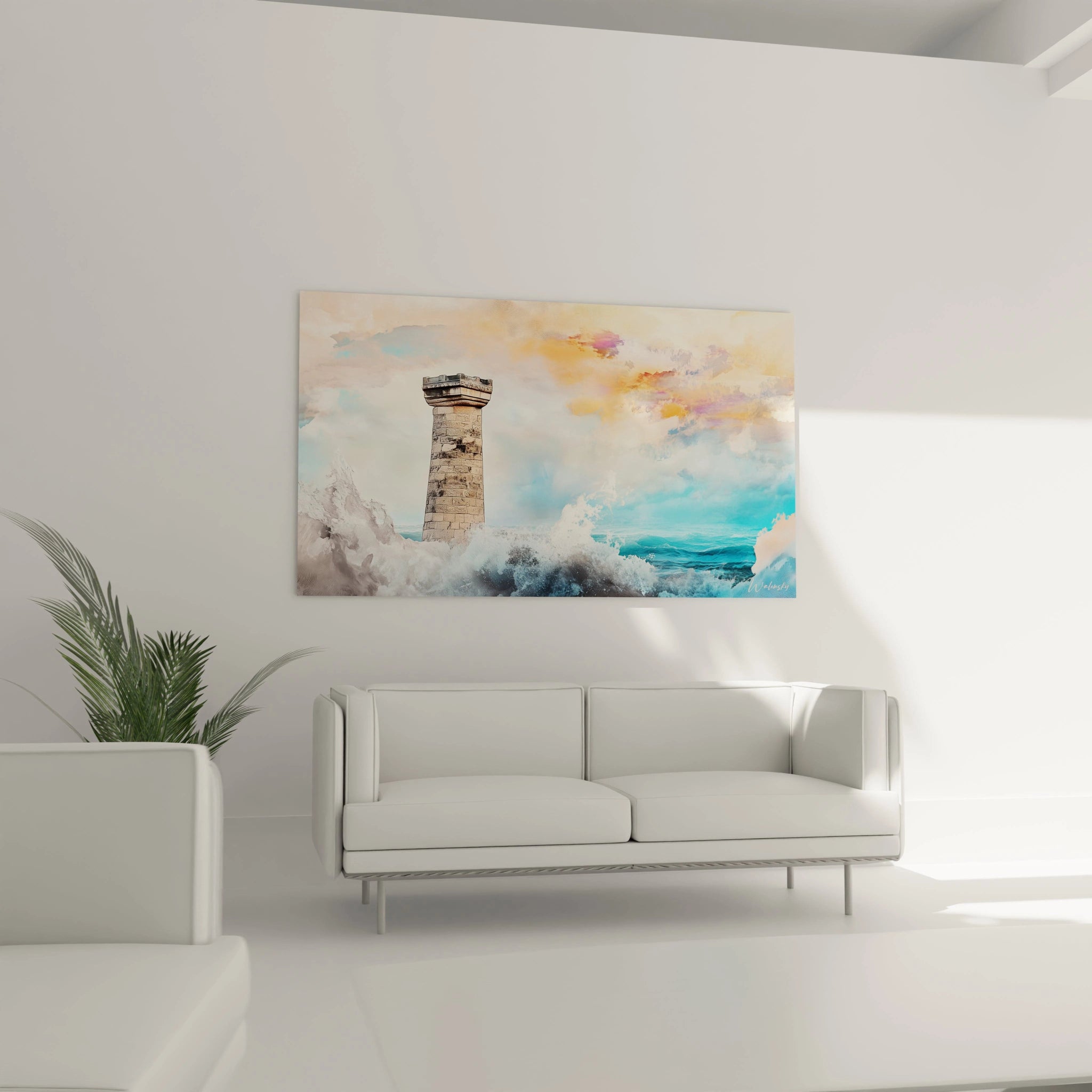 Un tableau côtier illustrant un phare monolithique en pierre grise s'élevant au-dessus des vagues turquoise écumantes, contrastant avec un ciel aux dégradés de bleu, orange et beige créant une atmosphère crépusculaire.