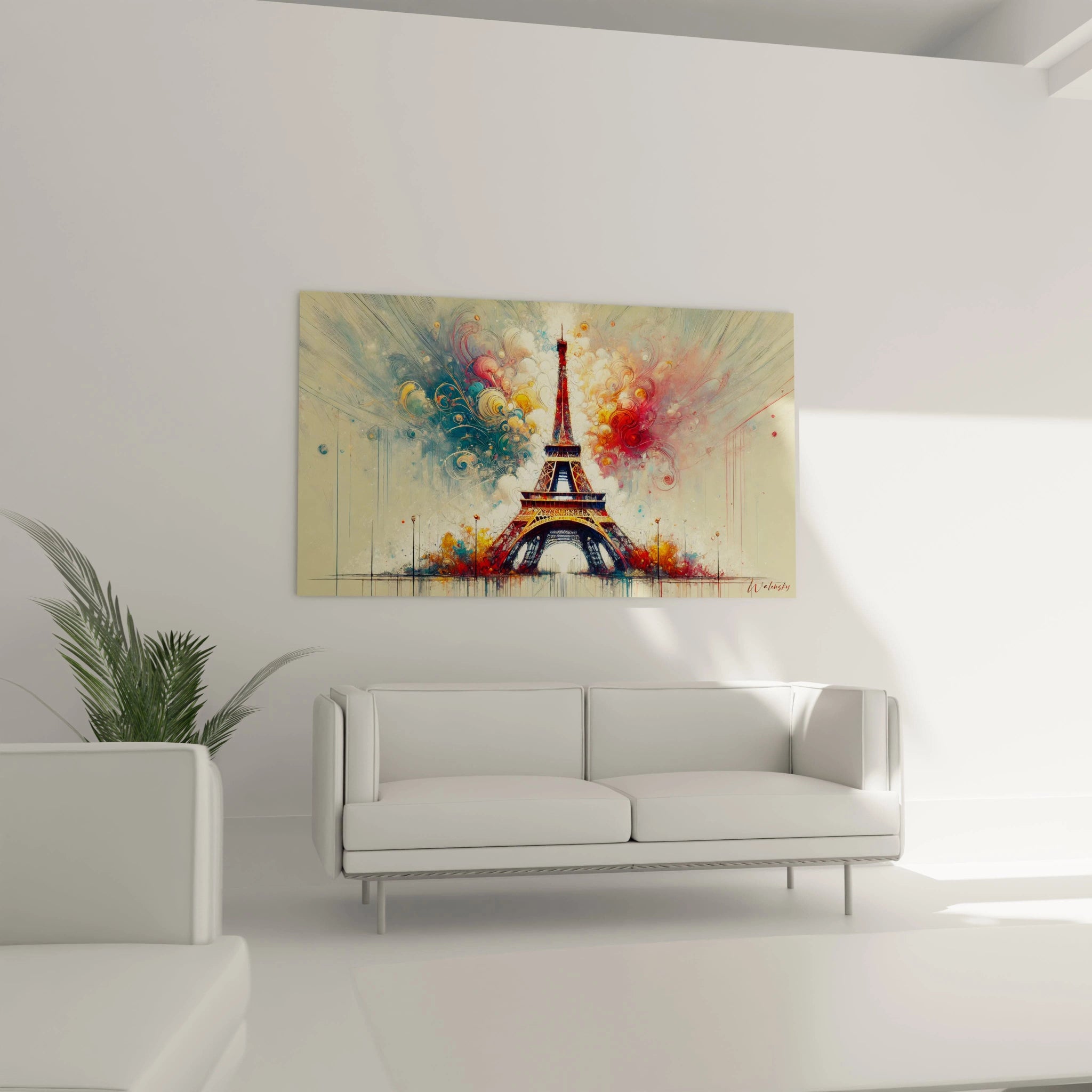 tableau Tour Eiffel accroché dans un salon illumine la pièce avec ses couleurs riches et ses motifs dynamiques. Il devient un point focal captivant, célébrant l’énergie de la Ville Lumière.