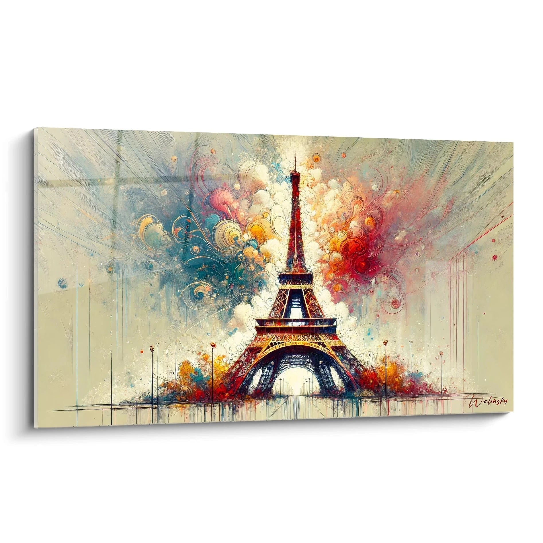 tableau Tour Eiffel vu de biais dévoile des spirales rouges, or et bleues vibrantes autour du monument, avec des textures fluides et une profondeur captivante évoquant le ciel parisien.