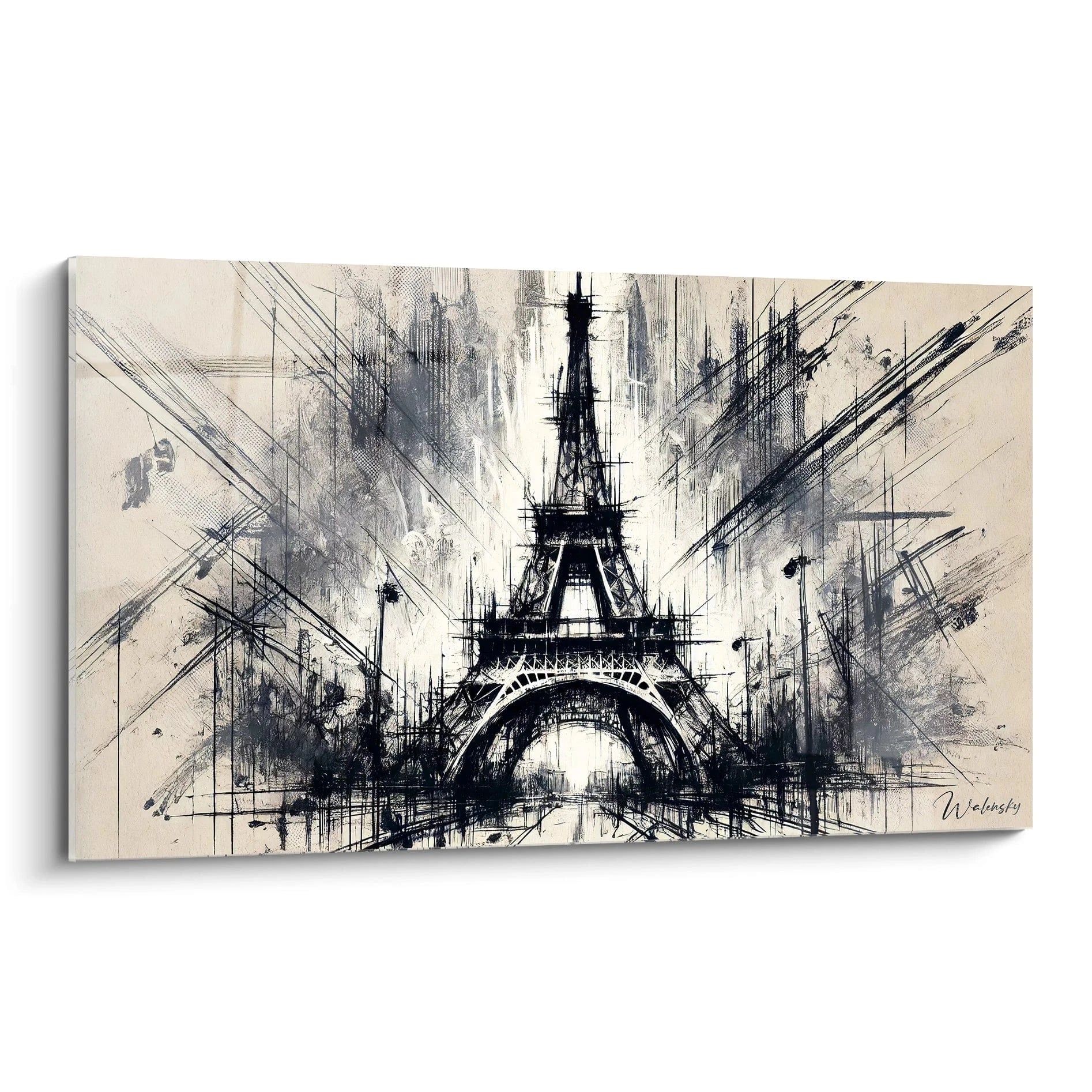 tableau Tour Eiffel vu de biais joue sur des lignes monochromes épurées et des textures subtiles, capturant l’élégance architecturale et la puissance intemporelle du monument.