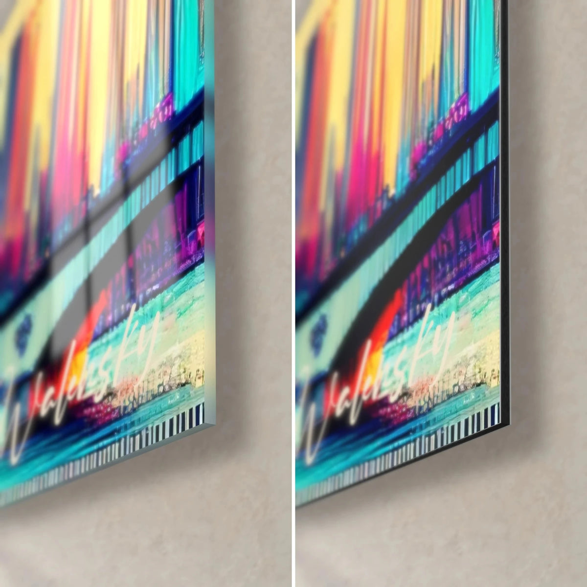 Schilderij Eiffeltoren in glitch art, rechtsonder: glanzend acrylglas links, mat Dibond-aluminium rechts, rand van 3 mm