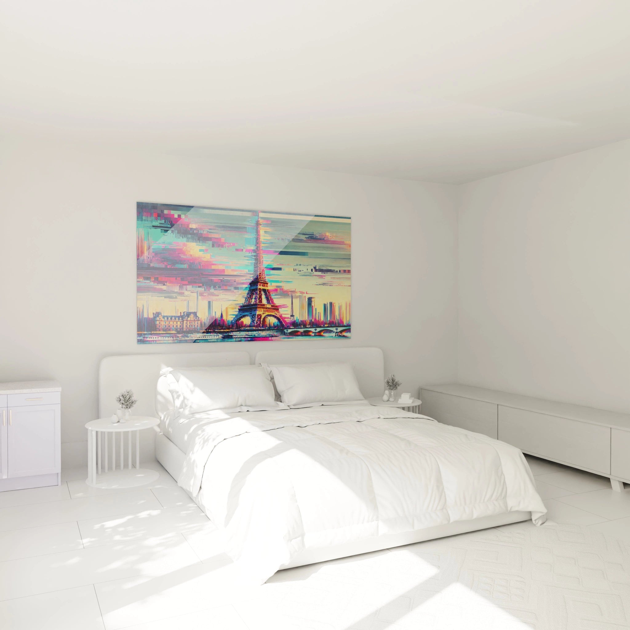 tableau Tour Eiffel dans une chambre au-dessus du lit illumine l’espace avec ses tons vifs et son style glitch art. Une pièce moderne évoquant la fusion entre tradition et innovation, idéale pour inspirer.