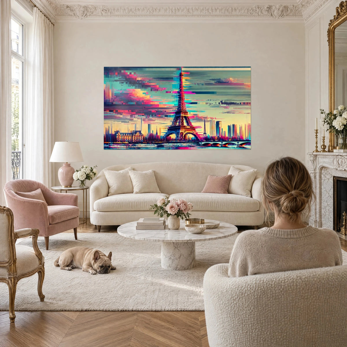 Schilderij Eiffeltoren in glitch art in roze en turquoise, gepixelde lucht, liggende bulldog, boven een bank in een lichte woonkamer