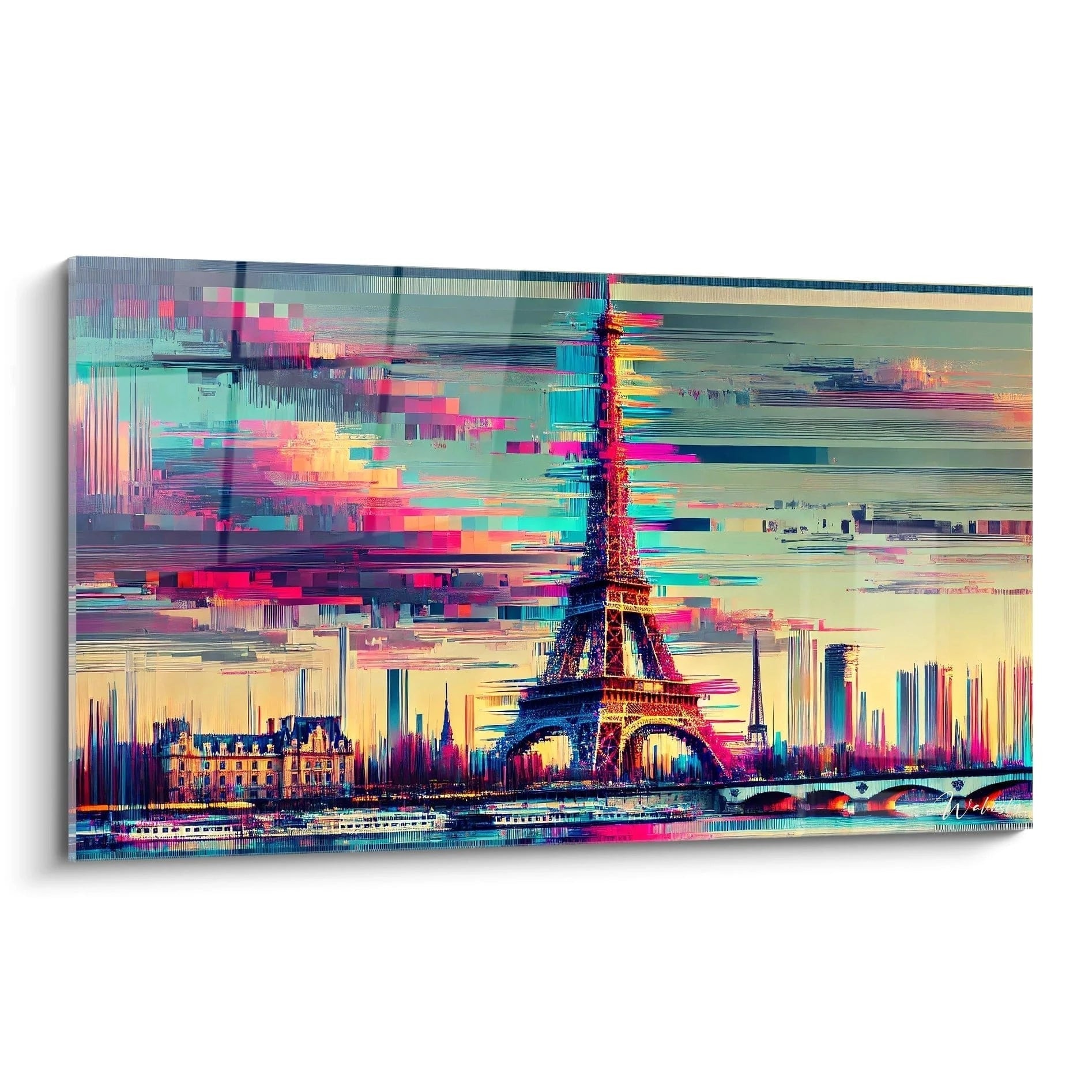 tableau Tour Eiffel vu de biais révèle des lignes fragmentées et des pixels multicolores, mélangeant bleu, rose et orange. Une vision futuriste capturant l’énergie vibrante de Paris et son évolution.