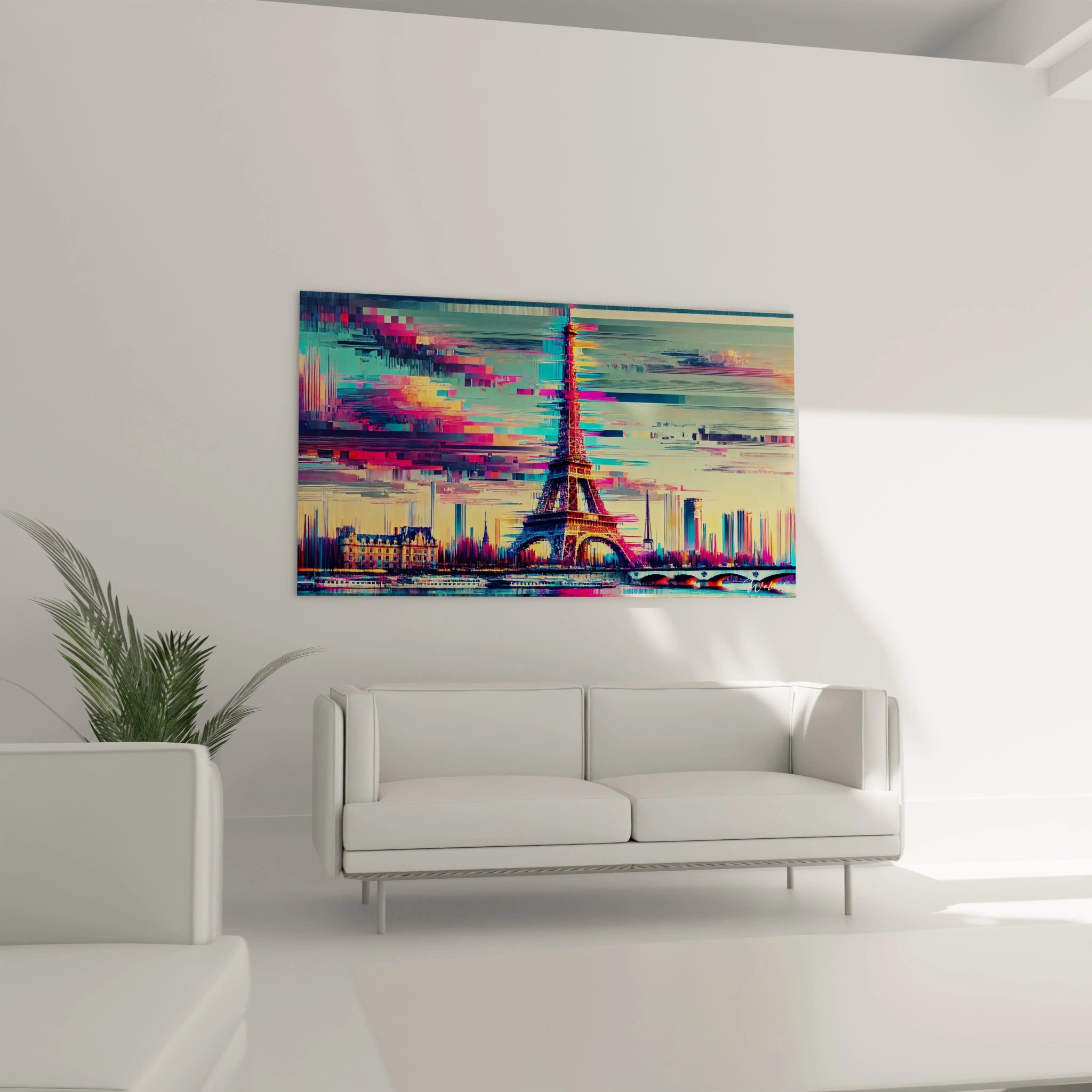 tableau Tour Eiffel accroché dans un salon crée un point focal audacieux. Ses teintes bleu, rose et orange apportent chaleur et modernité, tandis que les motifs abstraits stimulent l’imagination.