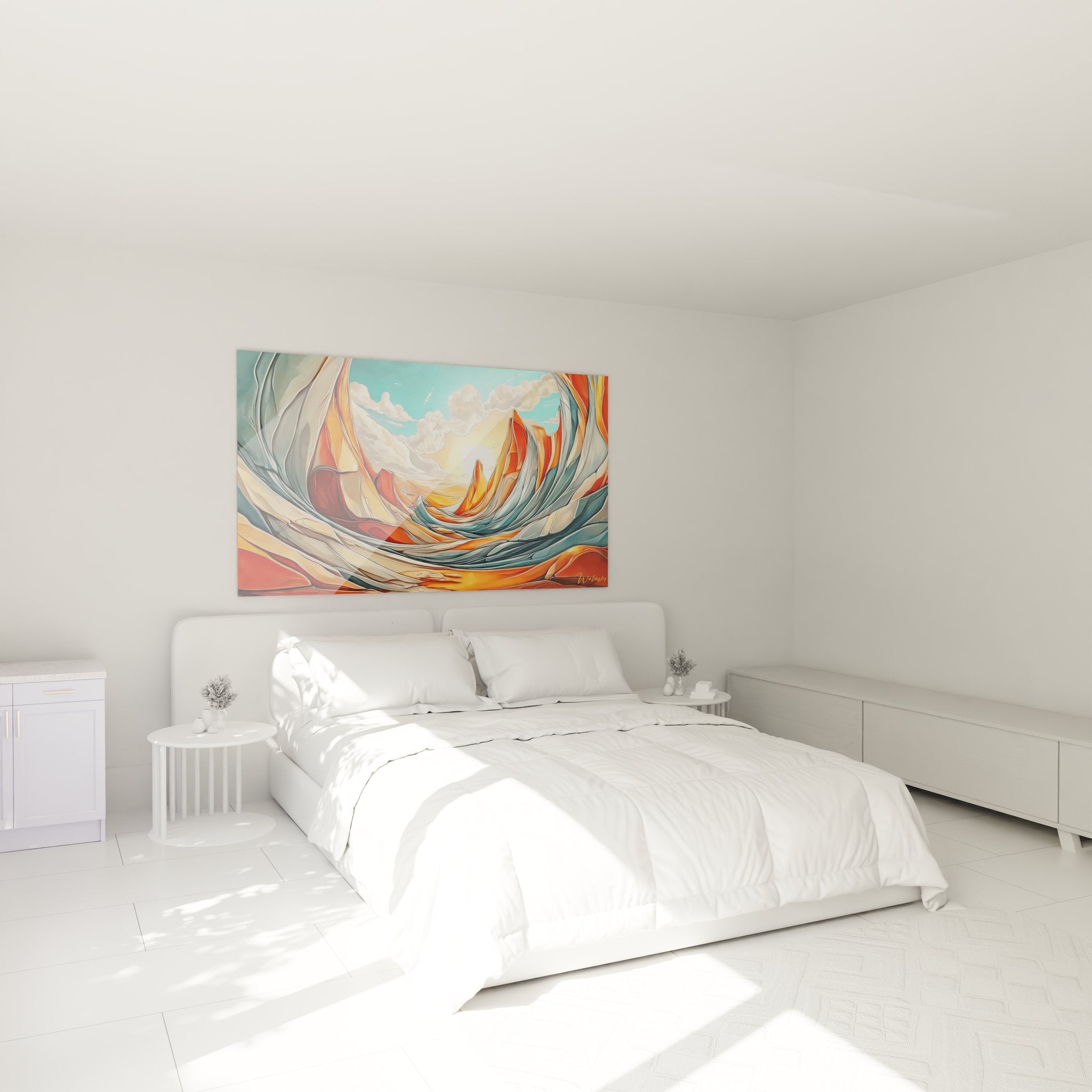 Tableau tourbillon flamboyant abstrait décorant une chambre moderne avec style contemporain