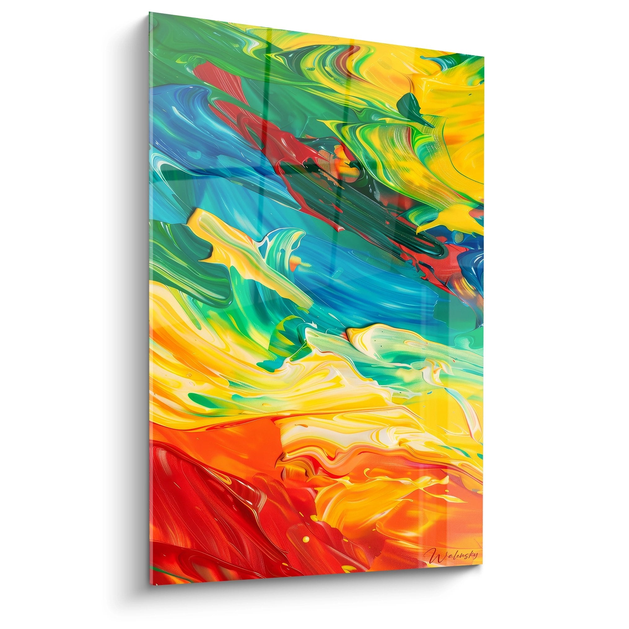 Tableau mural abstrait tourbillon multicolore avec mouvements fluides rouge orange vert bleu