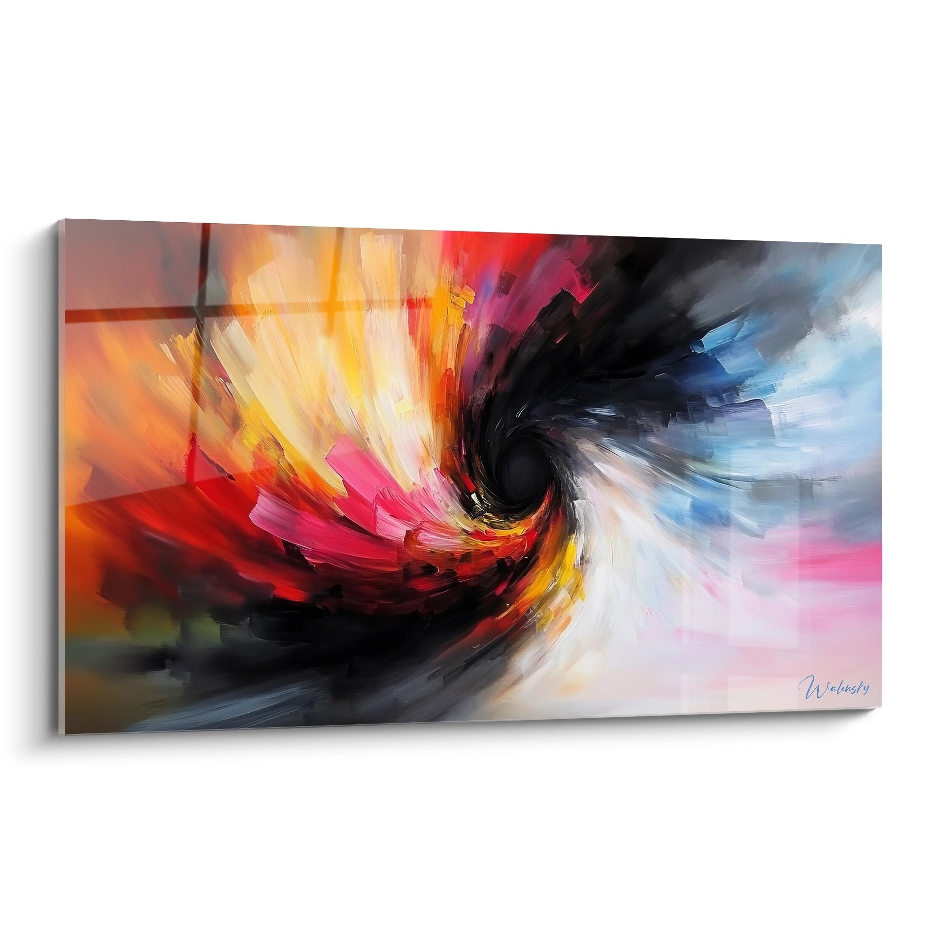 Tableau tourbillon coloré abstrait avec spirale dynamique aux couleurs vives rouge orange bleu