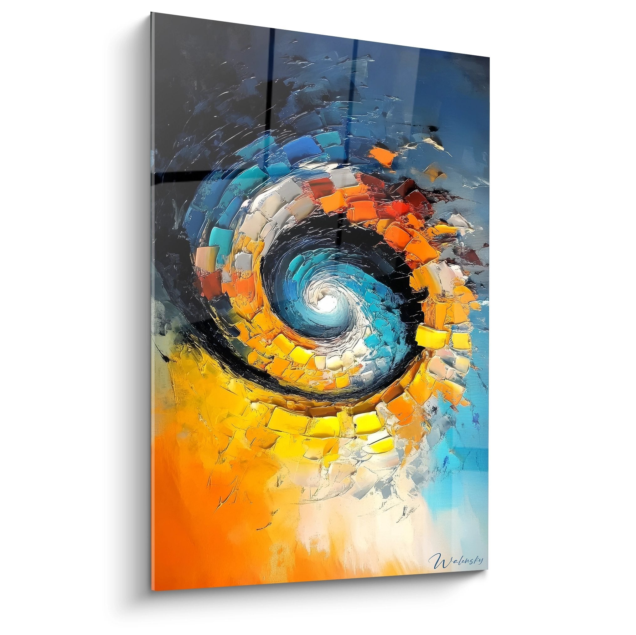 Tableau mural tourbillon cosmique abstrait aux couleurs orange et bleu avec spirale géométrique moderne