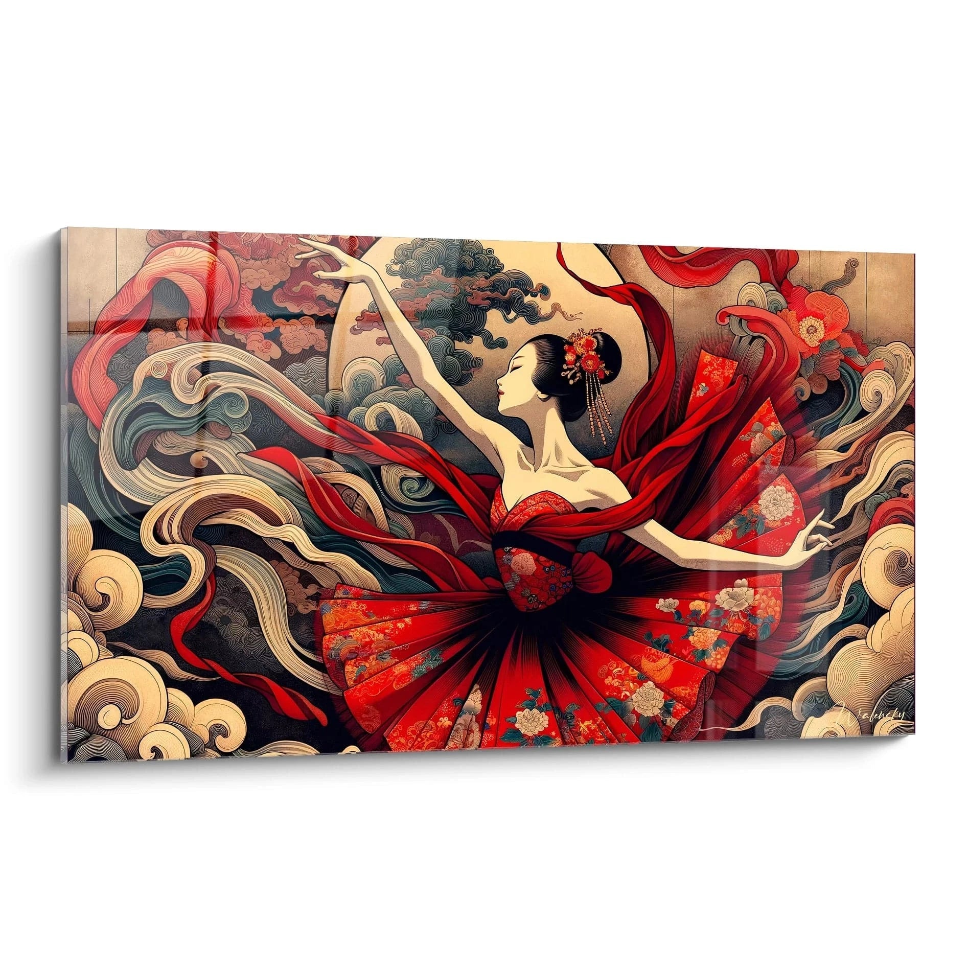 tableau asie vu de biais en détail motifs floraux rouges kimono danseuse vagues bleu marine lignes dorées mouvement fluide équilibre artistique et sérénité visuelle