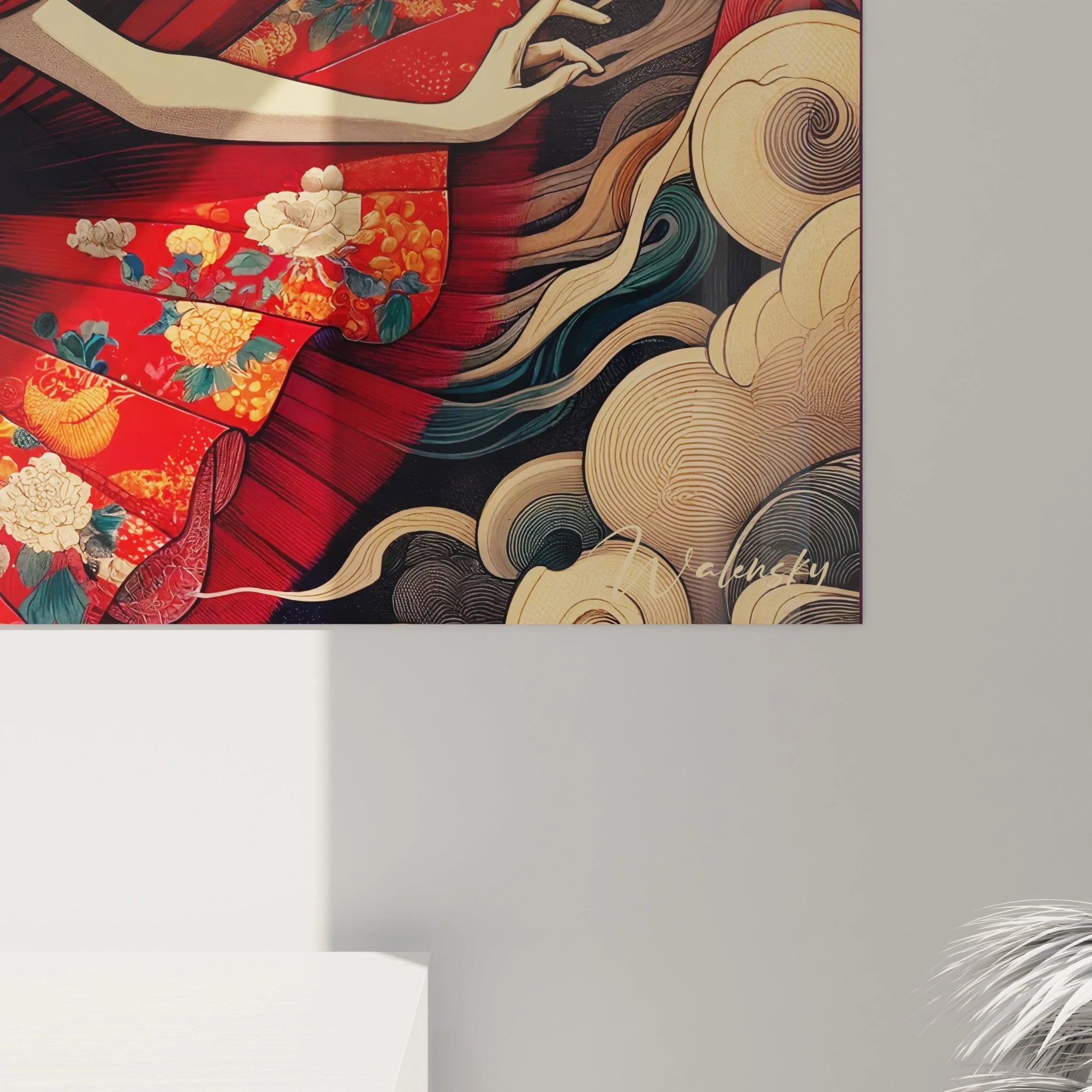 vue rapprochée tableau asie détails motifs floraux kimono rouge vagues dorées textures profondes lignes fluides élégance captivante symbolisant nature et féminité