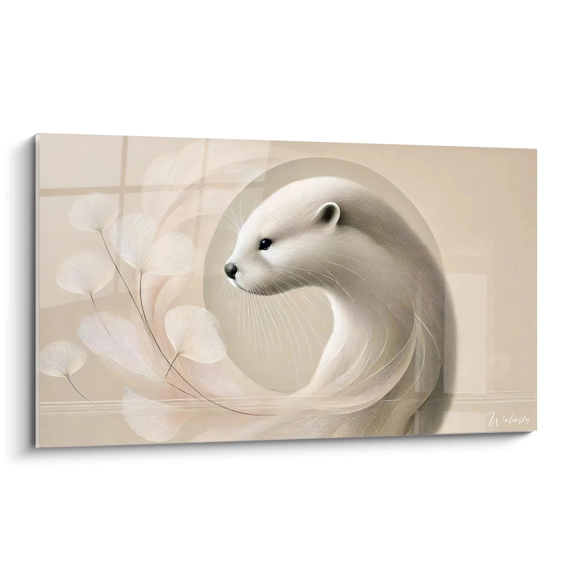 Presentation du tableau loutre vue de biais avec ses lignes minimalistes et couleurs apaisantes beige, blanc et gris, evoquant la serenite de cet animal fascinant.