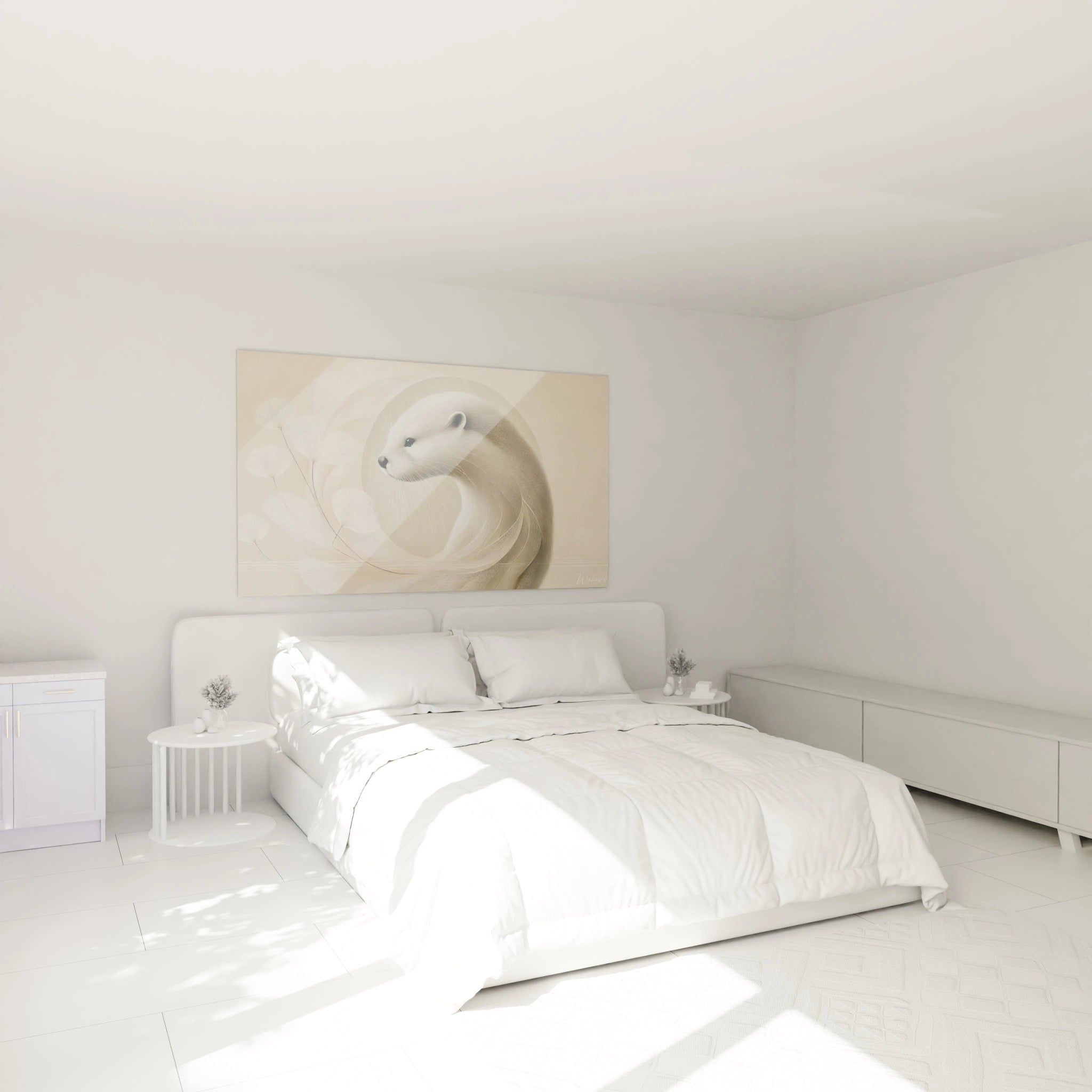 Tableau loutre accroche dans une chambre au-dessus du lit, apportant une touche de douceur et d elegance a l espace avec ses formes epurees et subtiles.