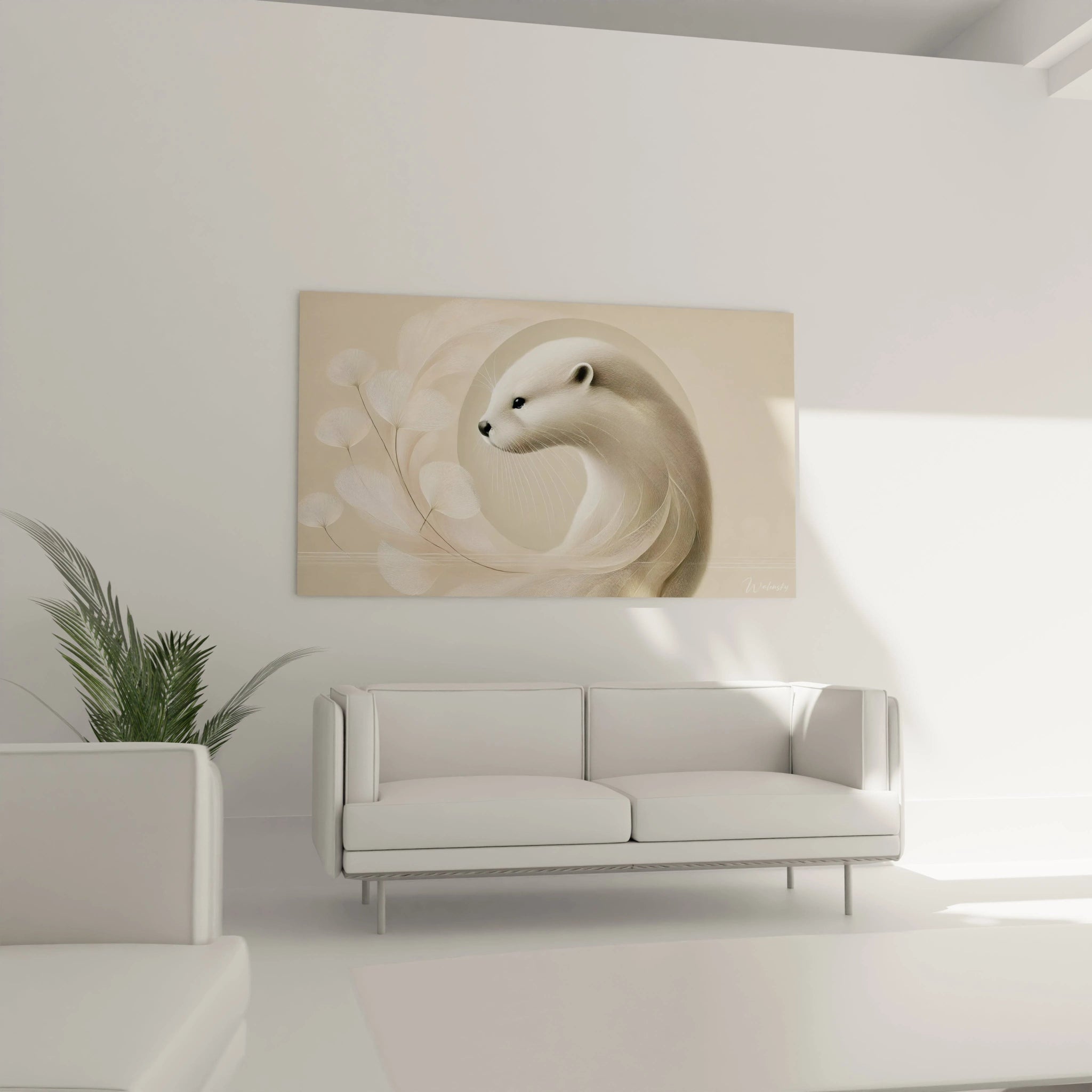 Tableau loutre dans un salon, place au-dessus d un canape, creant une ambiance calme et contemporaine grace a ses motifs abstraits et ses teintes douces.