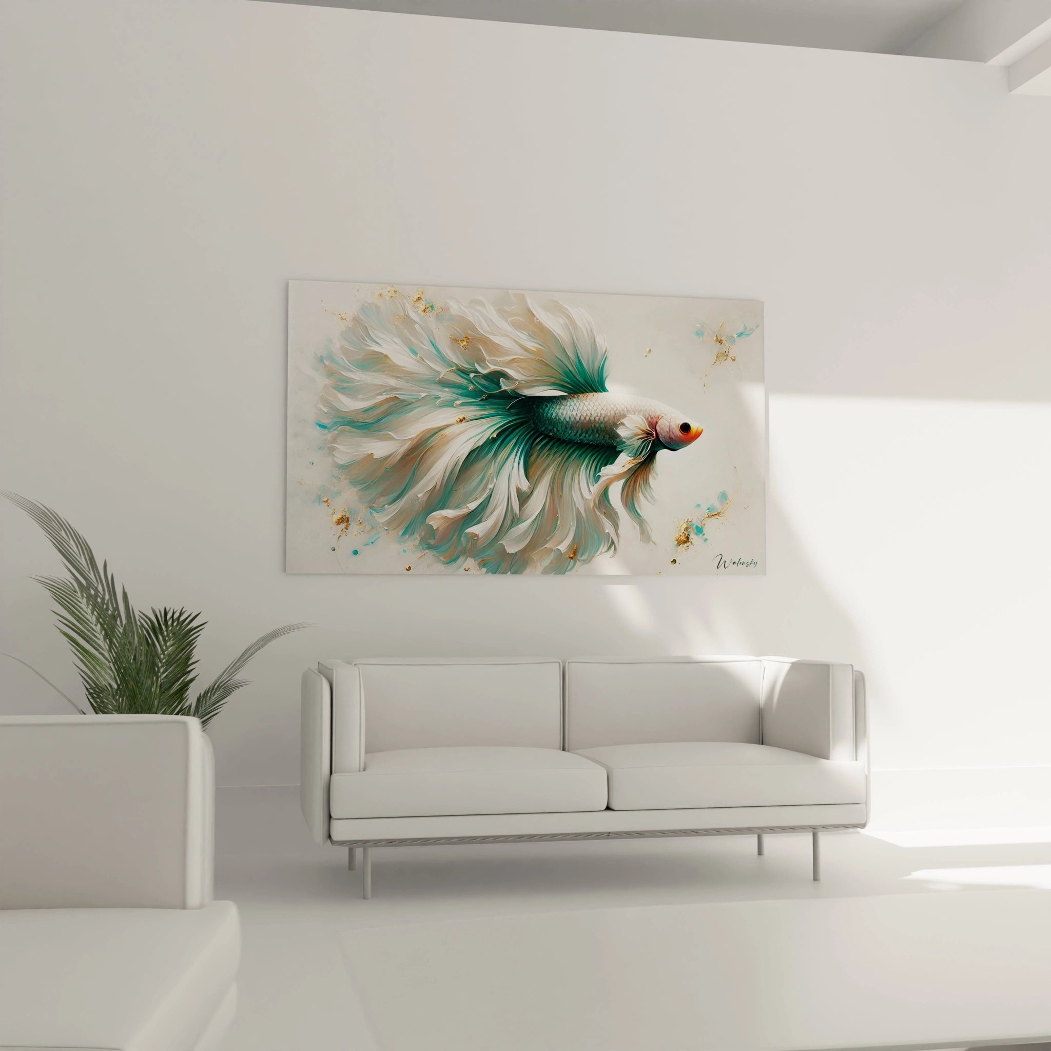 Tableau poisson betta exposé dans un salon, au-dessus du canapé. Les couleurs vert, blanc et or ajoutent une note apaisante et raffinée à l'espace. Ideal pour créer une atmosphère harmonieuse et contemporaine.