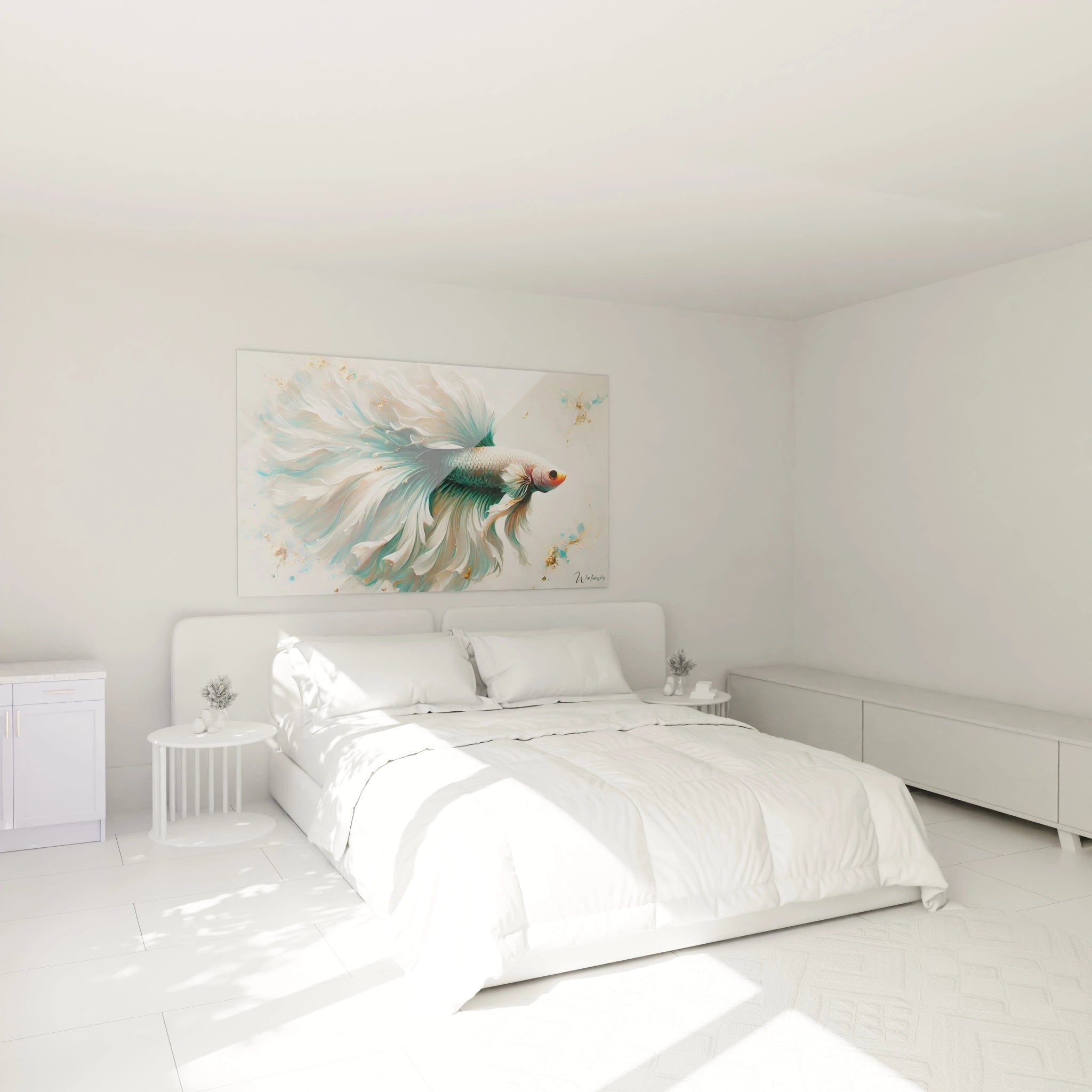Tableau poisson betta accroché dans une chambre au-dessus du lit. Ambiance relaxante grâce aux teintes vert, blanc et or. Parfait pour apporter une touche de douceur et d'élégance à la décoration.