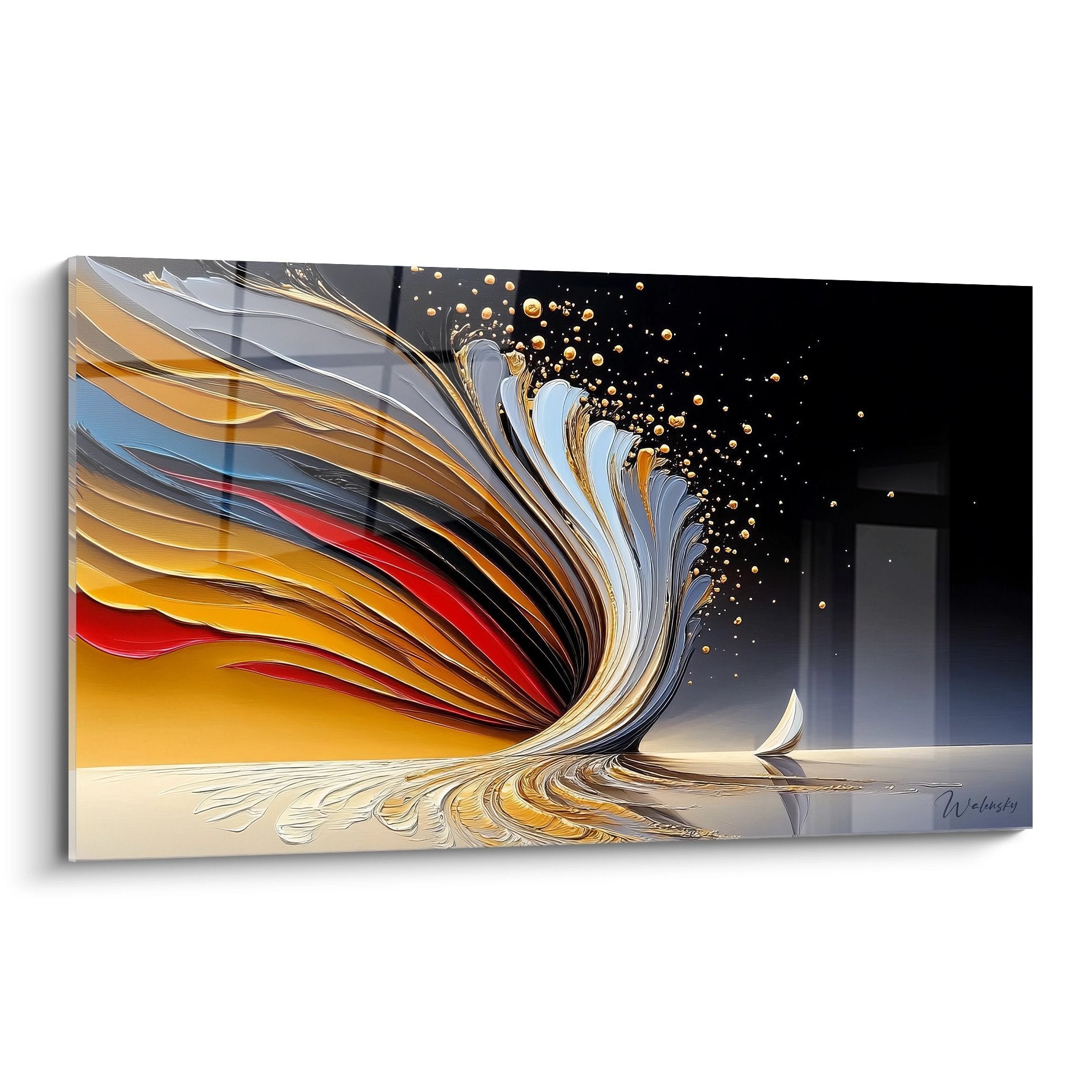 Tableau mural tourbillon dynamique doré avec particules cosmiques art moderne abstrait