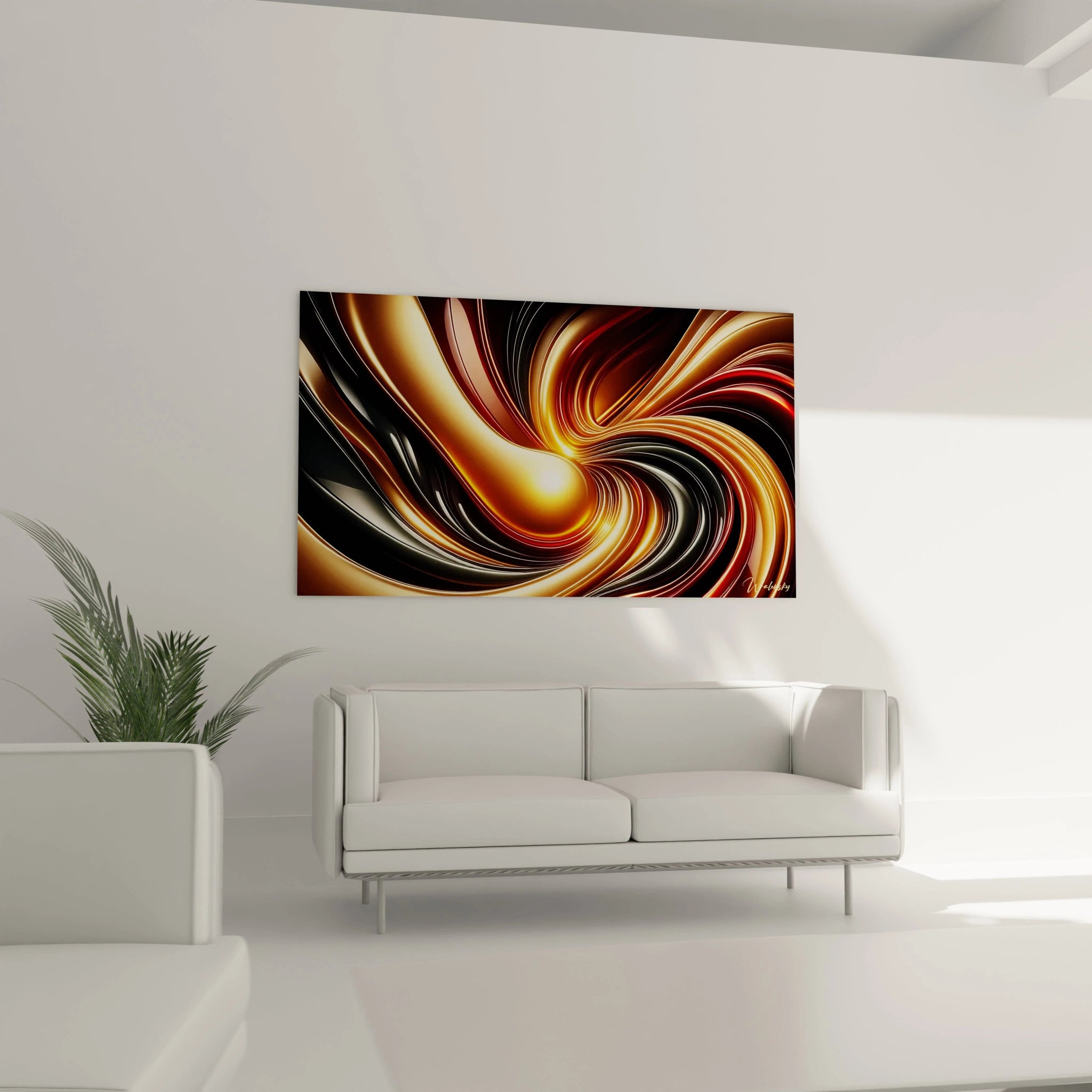 Un tableau futurisme abstrait avec un motif central doré entouré de teintes rouges et noires, et des surfaces aux textures brillantes et dynamiques.