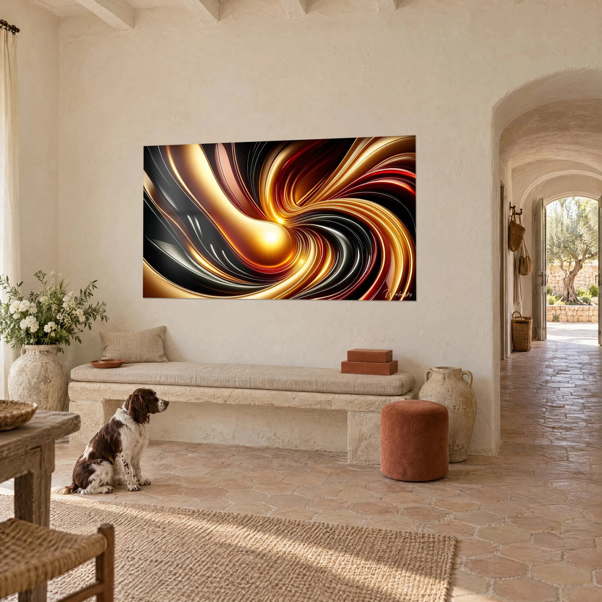 Quadro spirale d'oro liquido striata di nero e bordeaux, nastro lucente, uno spaniel seduto a terra nel mas provenzale