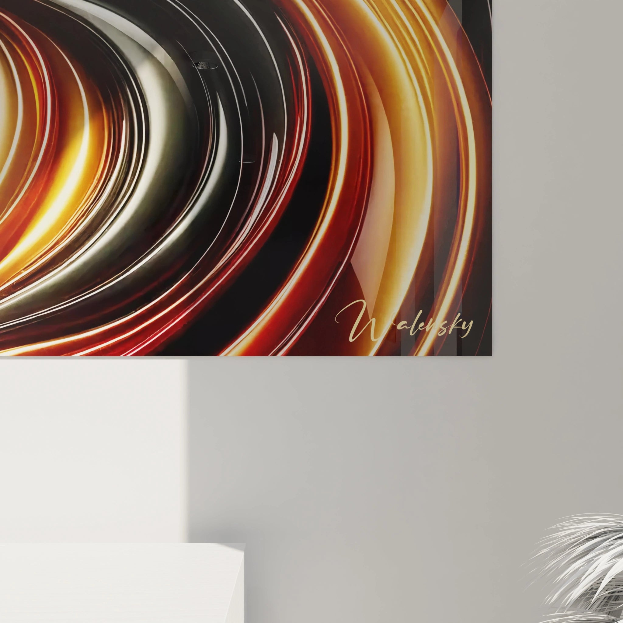 Un tableau futurisme abstrait composé de formes courbées et de tons or, rouge et noir, offrant une finition lustrée et des reflets métalliques.