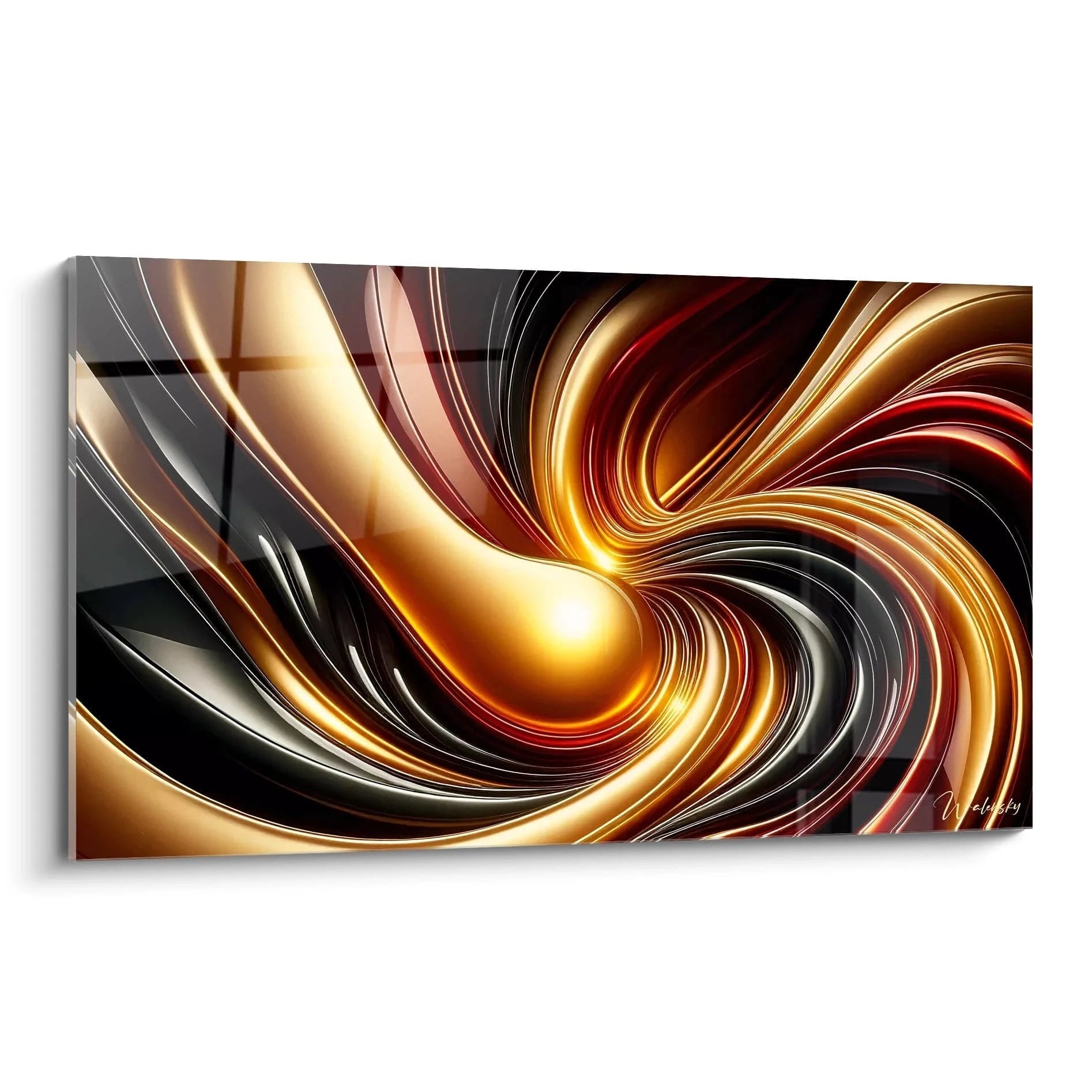 Un tableau futurisme abstrait présentant des courbes fluides en or, noir et rouge, avec des textures lisses et des reflets brillants.