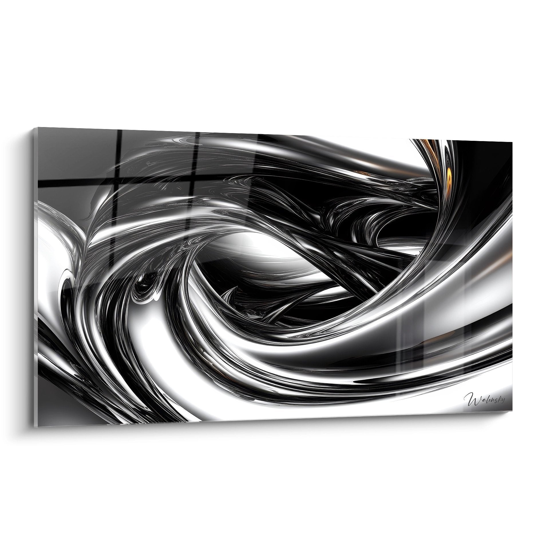Tableau mural tourbillon métallique aux reflets argentés, spirales abstraites fluides pour décoration moderne